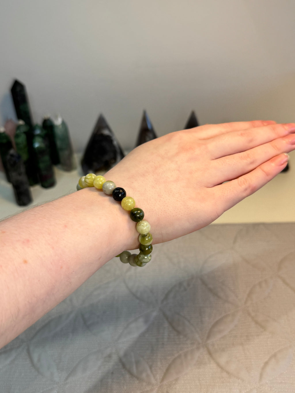 Serpentine Bracelet 8mm | Natural Green Crystal Bead Bracelet | Radiant Crystals UK