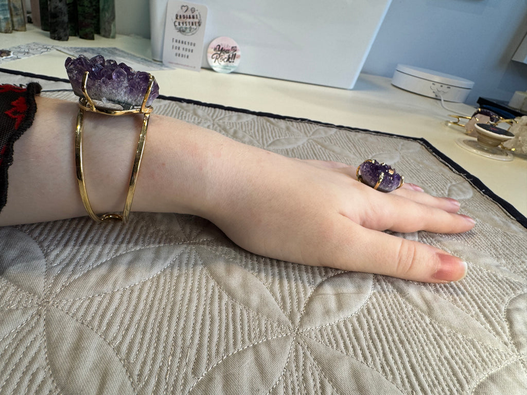 Raw Amethyst Cuff Bracelet | Oval Natural Purple Crystal on Gold Band | Radiant Crystals UK