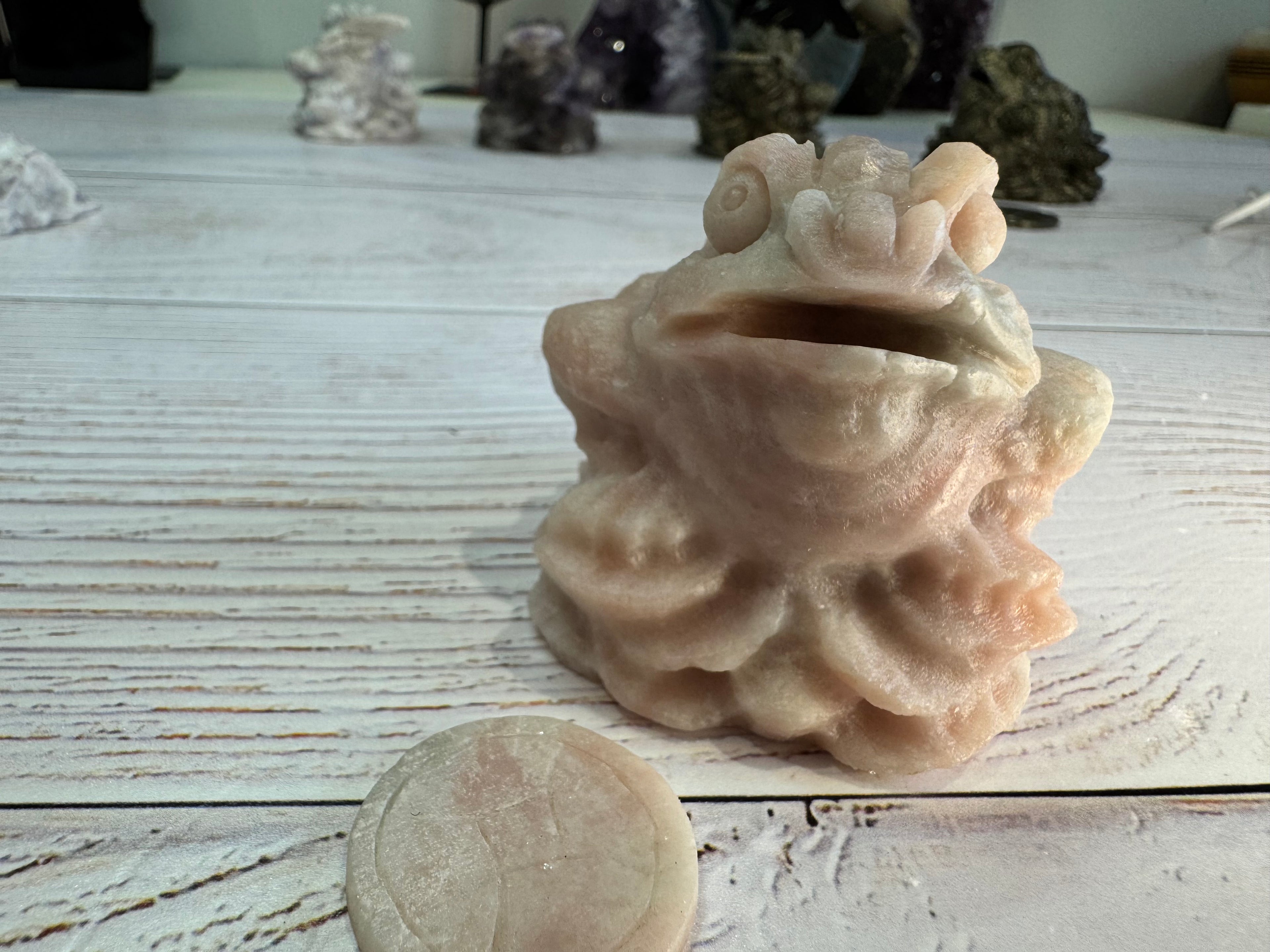 Crystal Money Toad Carving – Feng Shui Three Legged Toad – Pink Opal – Wealth & Prosperity Crystal