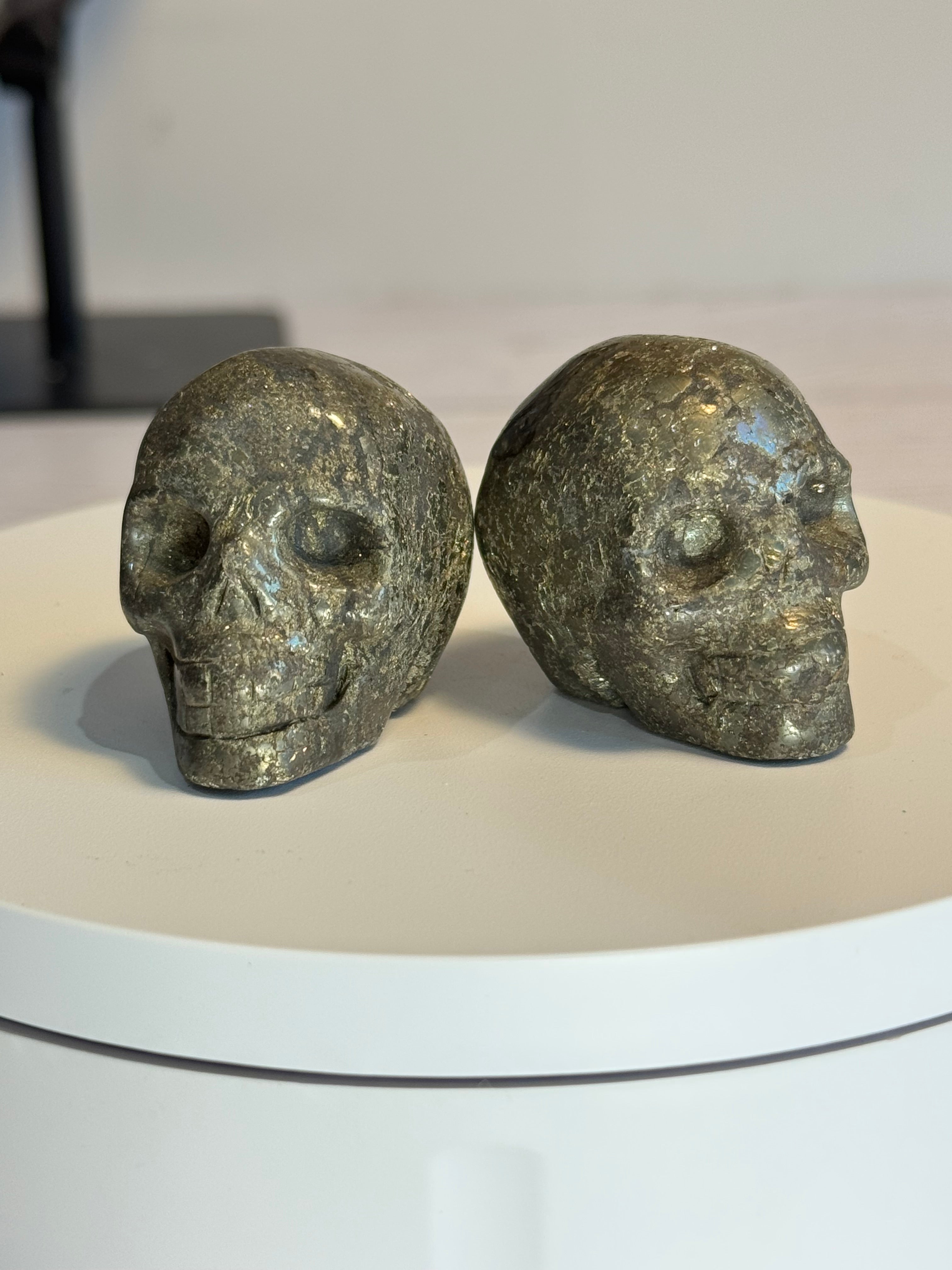 Pyrite crystal hand carved skull