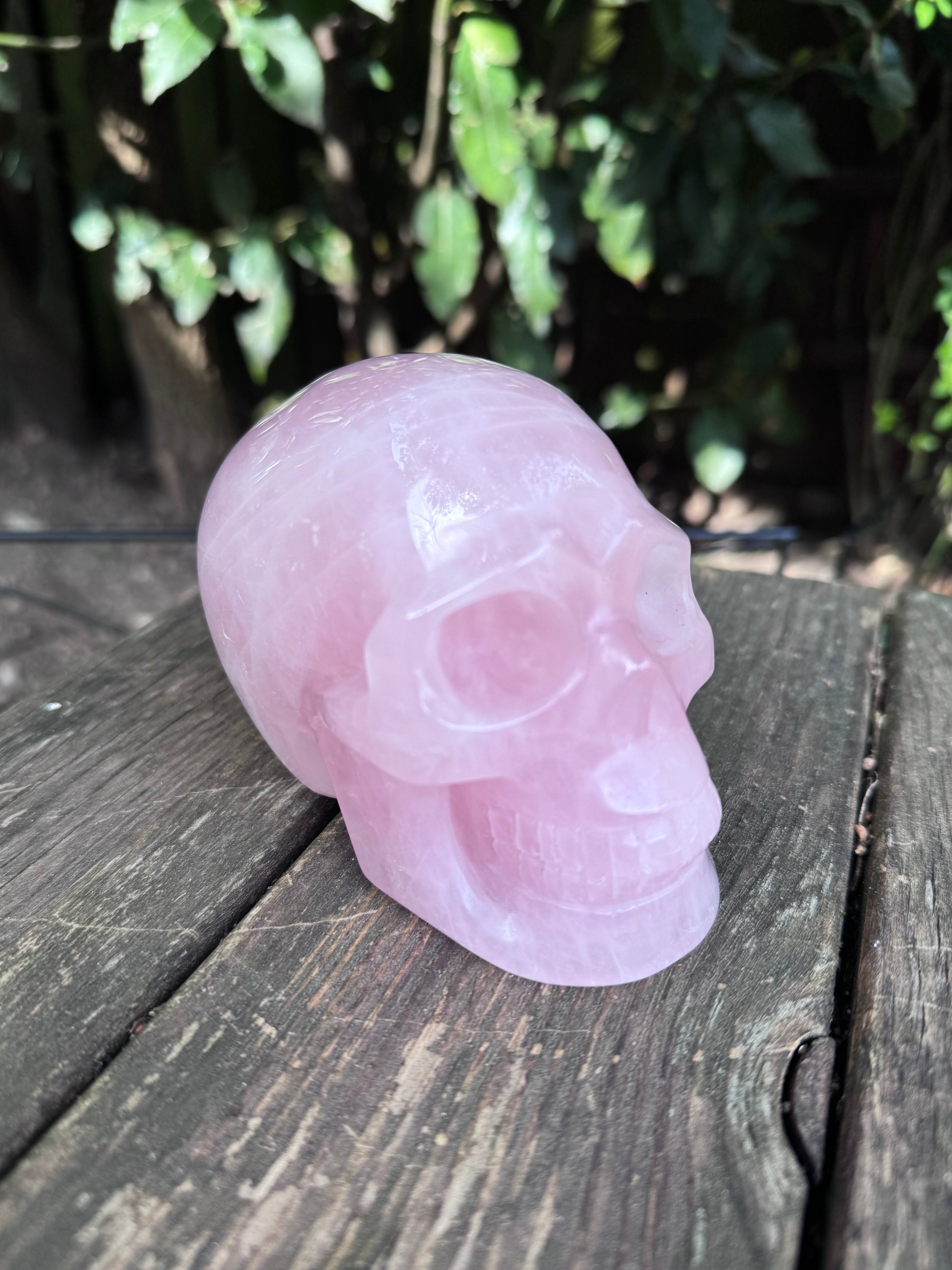 Large Rose Quartz crystal, hand carved skull 993gms.