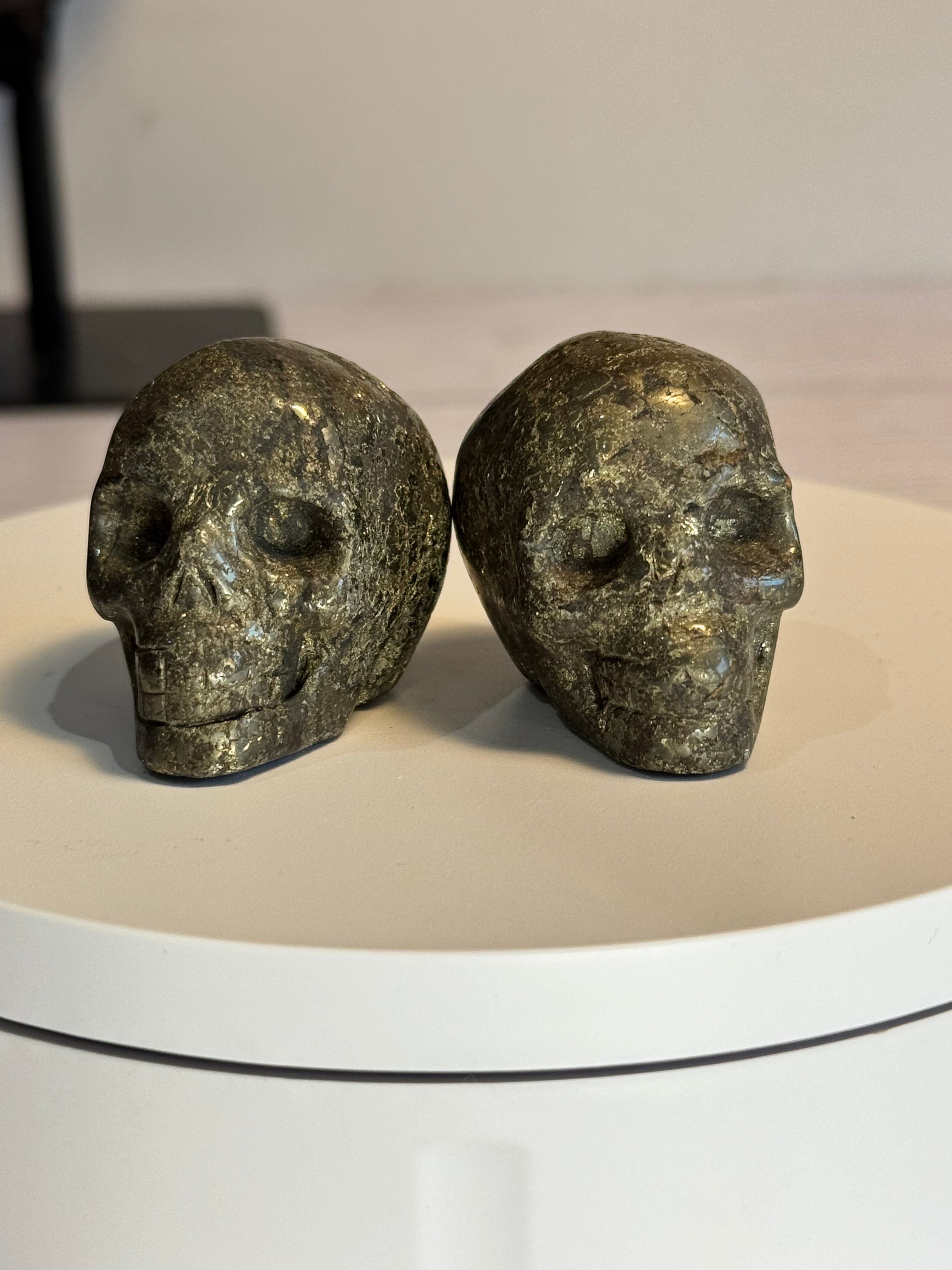 Pyrite crystal hand carved skull
