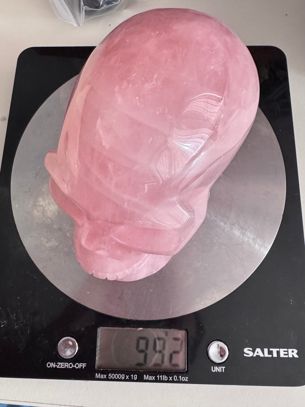Large Rose Quartz crystal, hand carved skull 993gms.