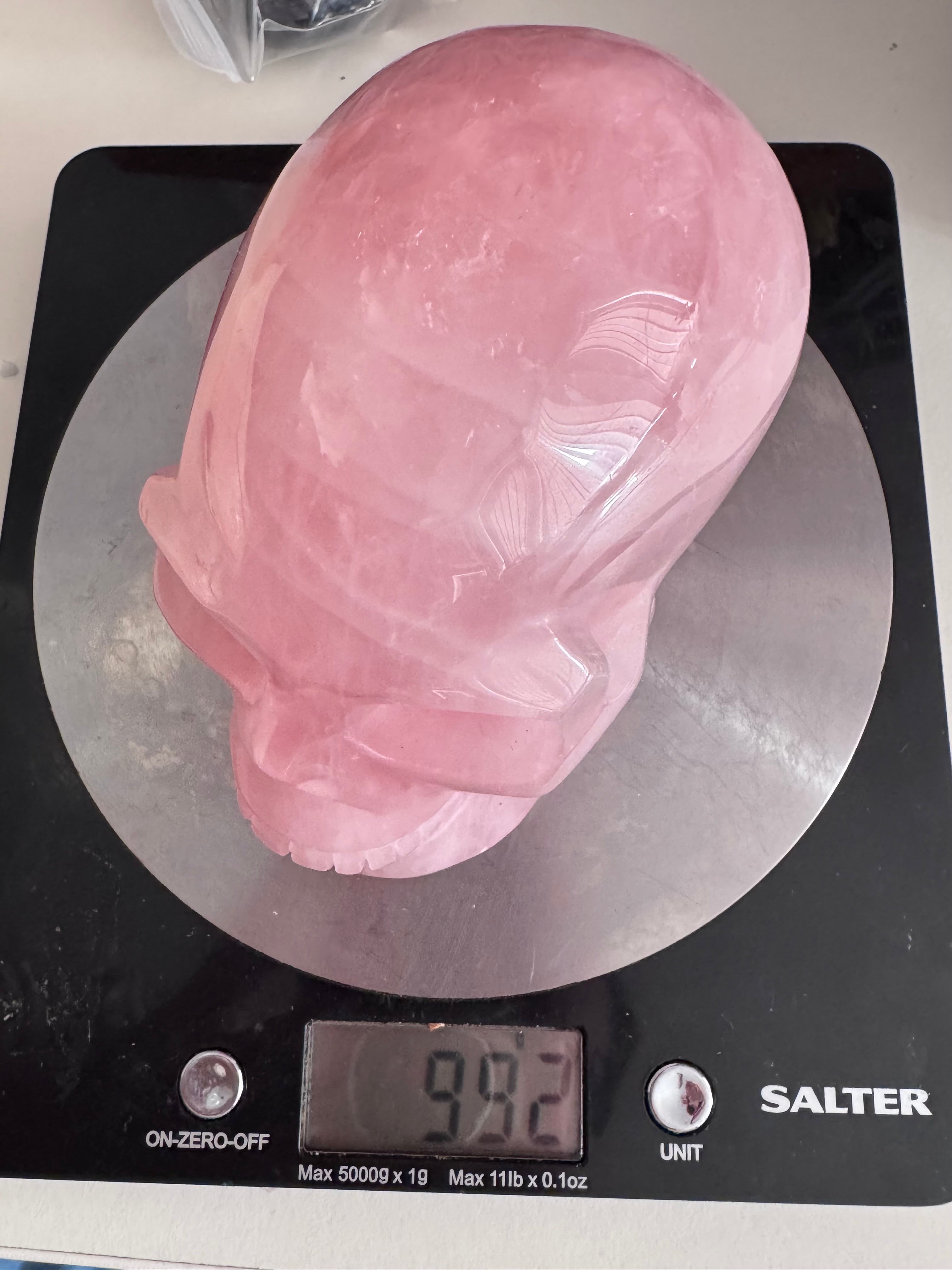 Large Rose Quartz crystal, hand carved skull 993gms.