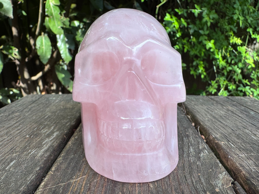 Large Rose Quartz crystal, hand carved skull 993gms.