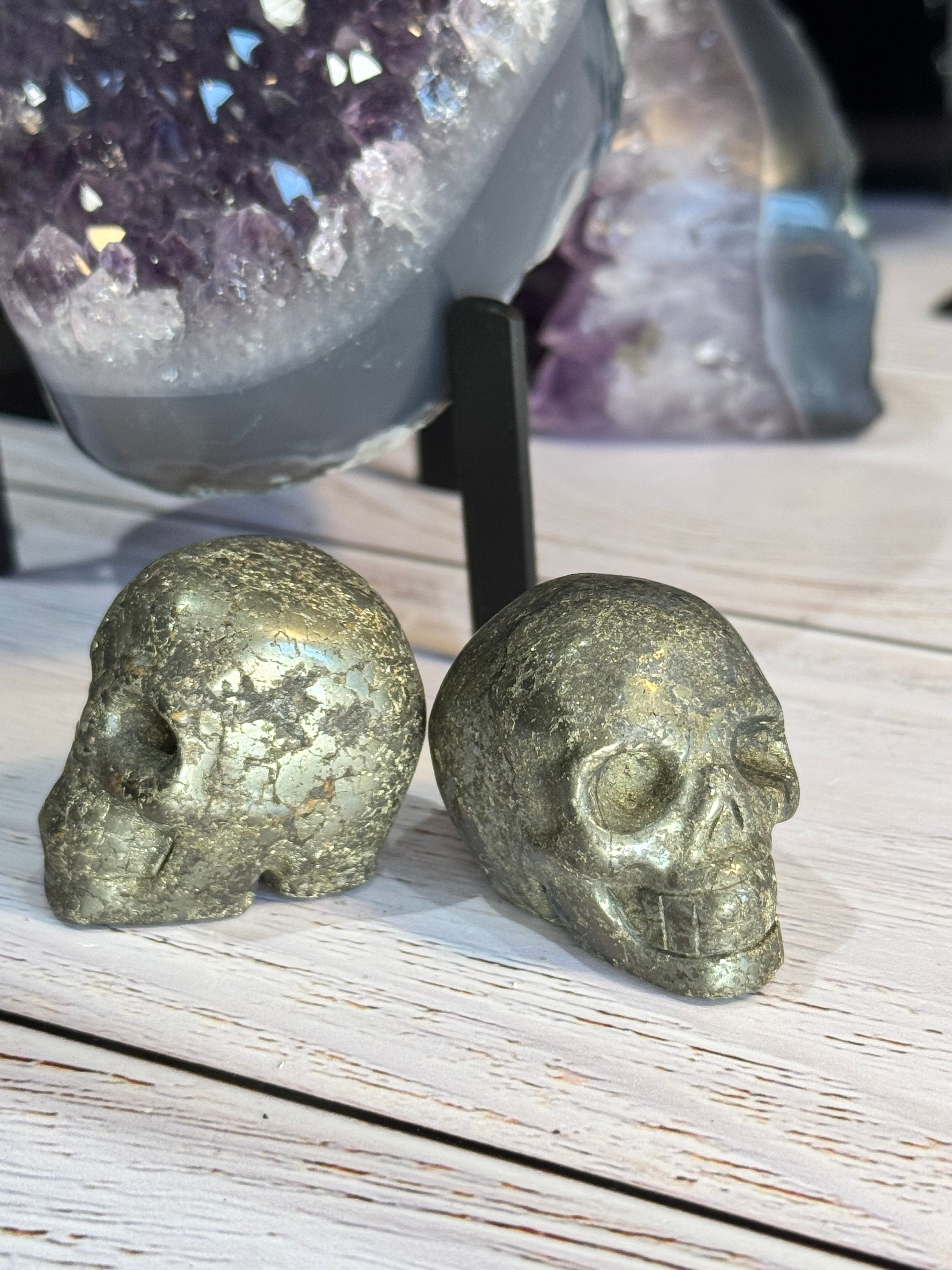 Pyrite crystal hand carved skull