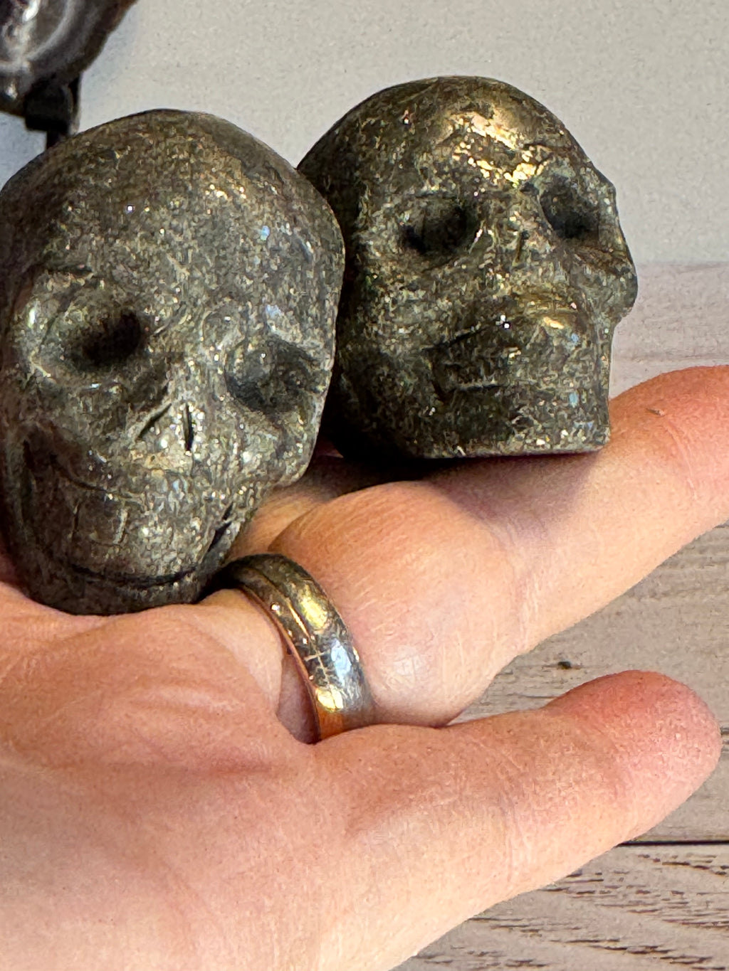 Pyrite crystal hand carved skull