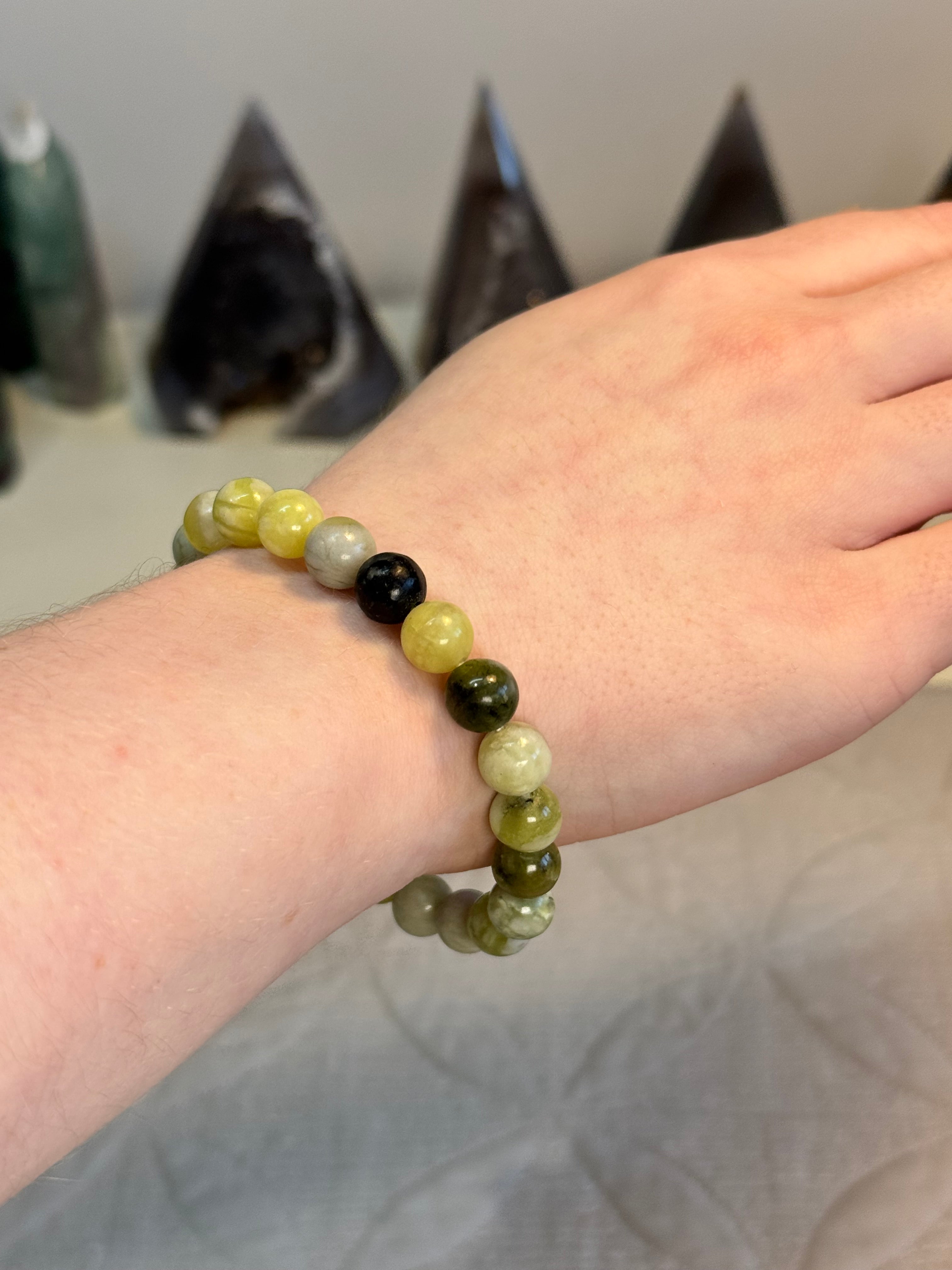 Serpentine Bracelet 8mm | Natural Green Crystal Bead Bracelet | Radiant Crystals UK