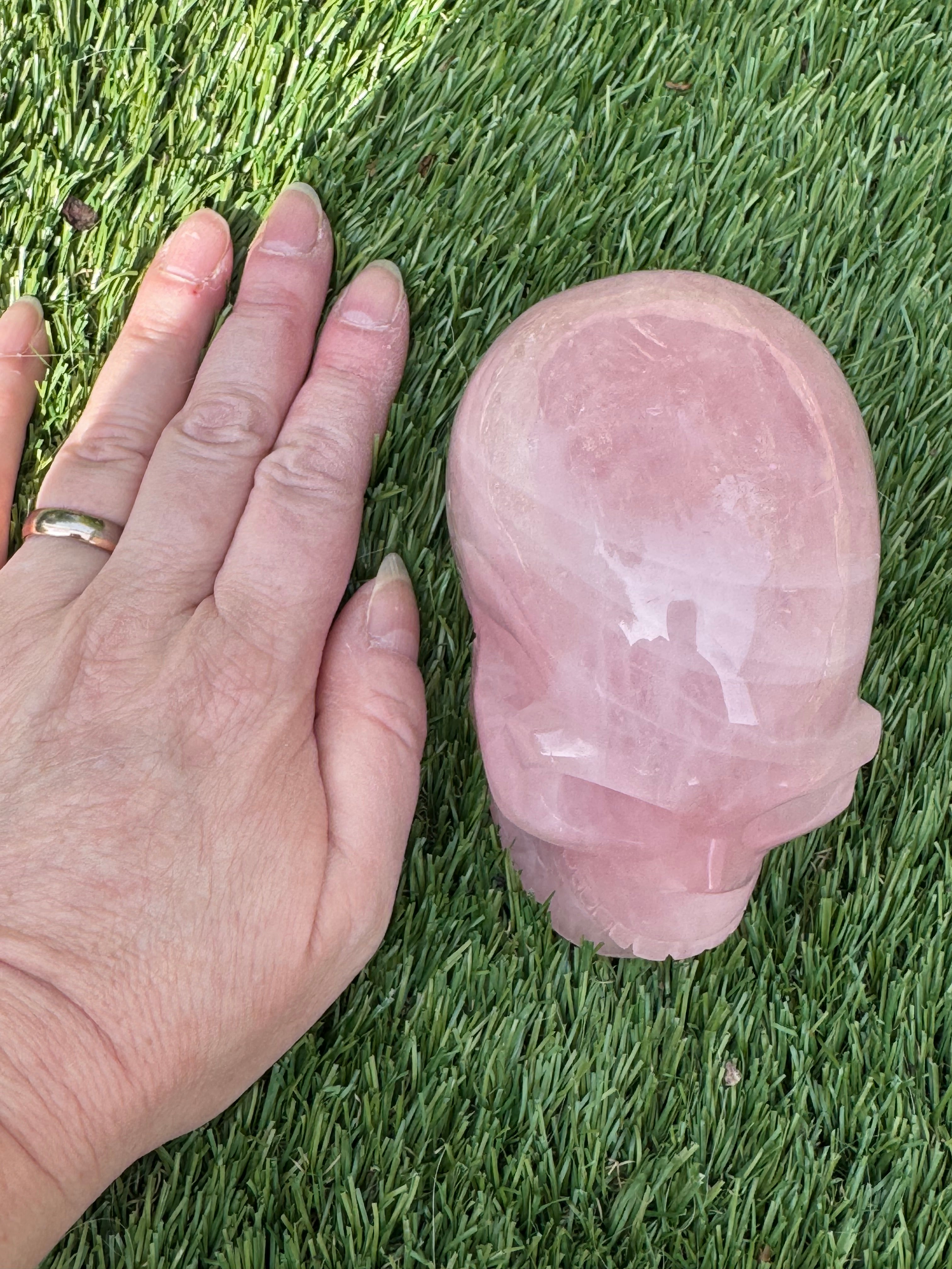 Large Rose Quartz crystal, hand carved skull 993gms.