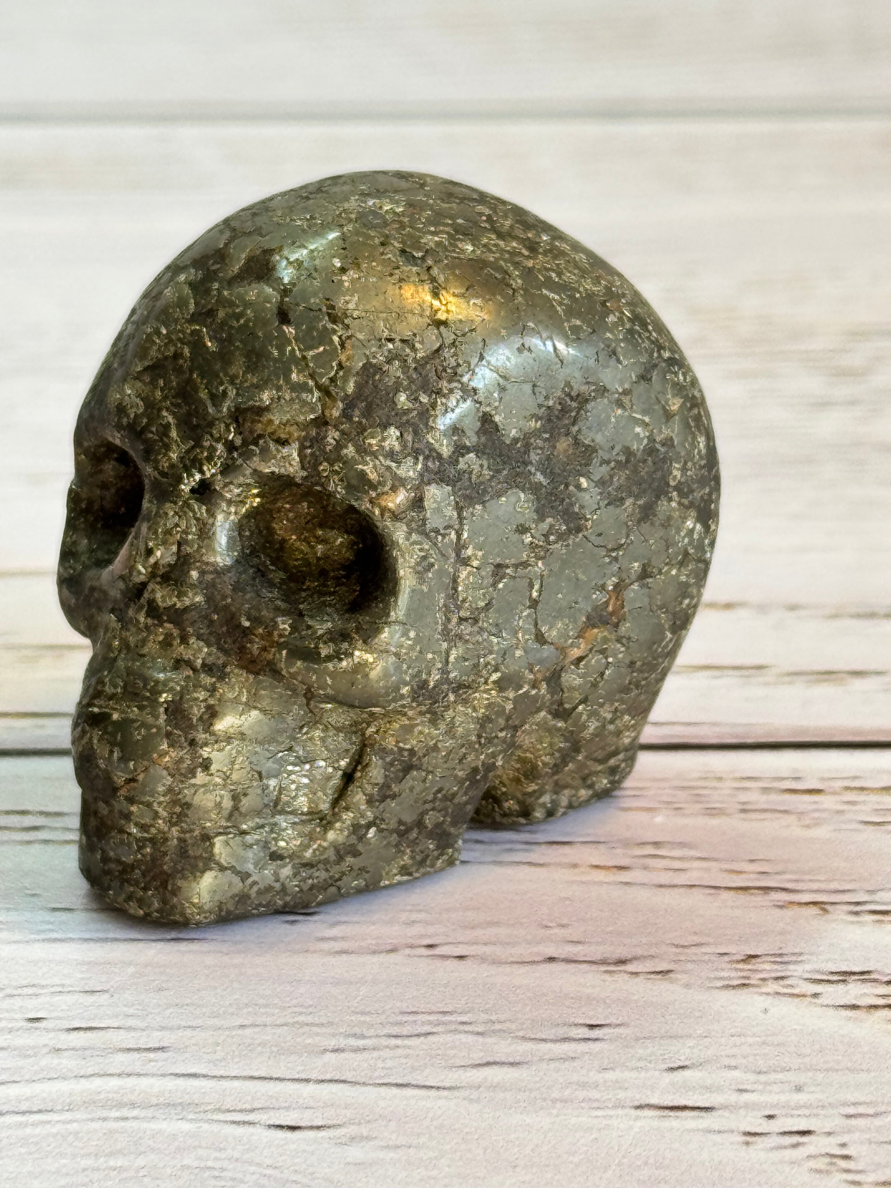 Pyrite crystal hand carved skull