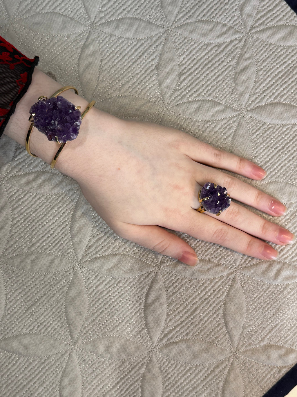 Raw Amethyst Cuff Bracelet | Oval Natural Purple Crystal on Gold Band | Radiant Crystals UK