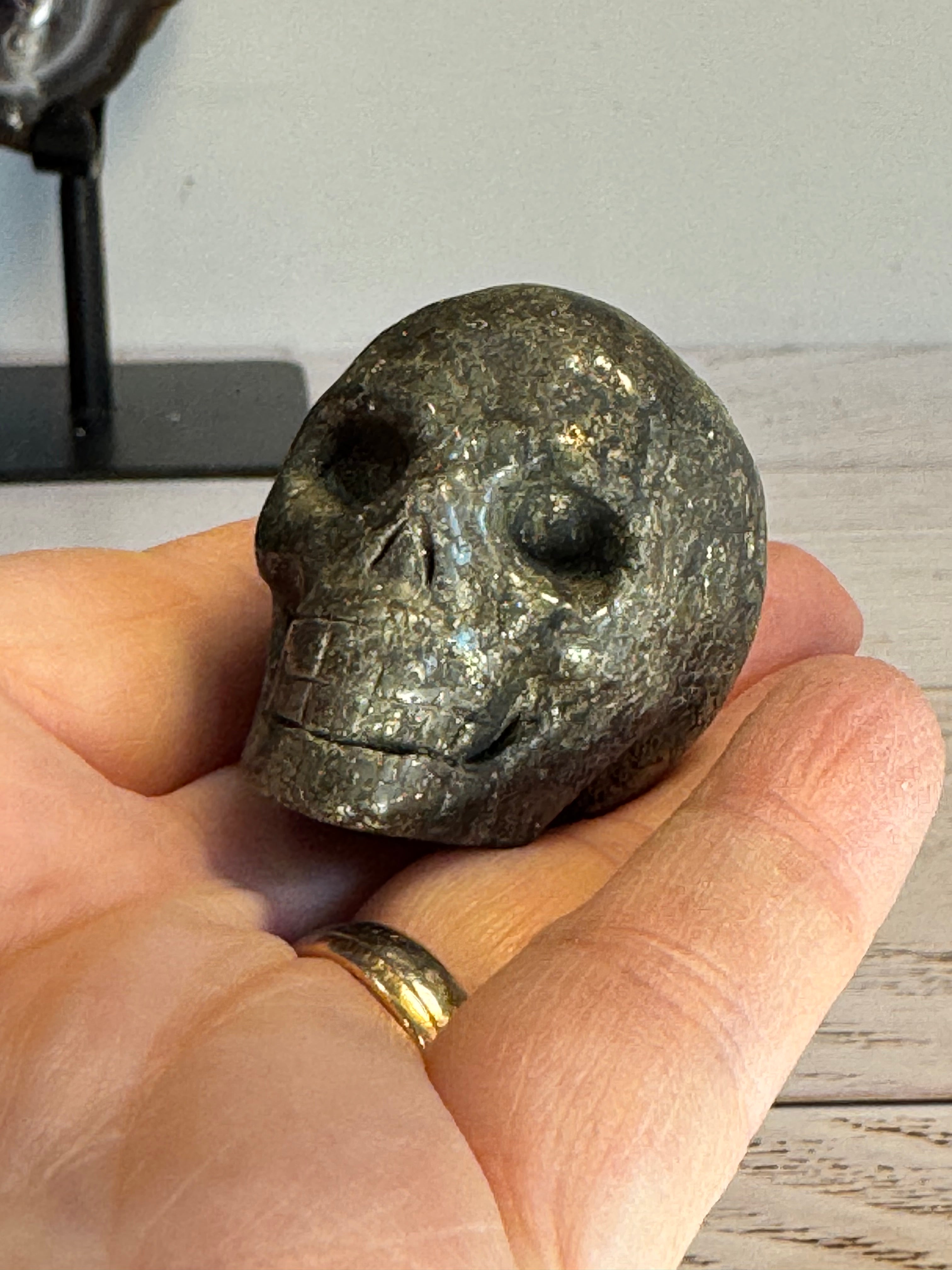 Pyrite crystal hand carved skull