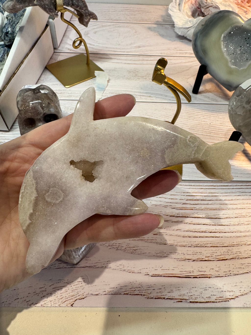 Large Pink Amethyst Dolphin on stand - Druzy Crystal Home Décor, from Brazil - Radiant Crystals UK