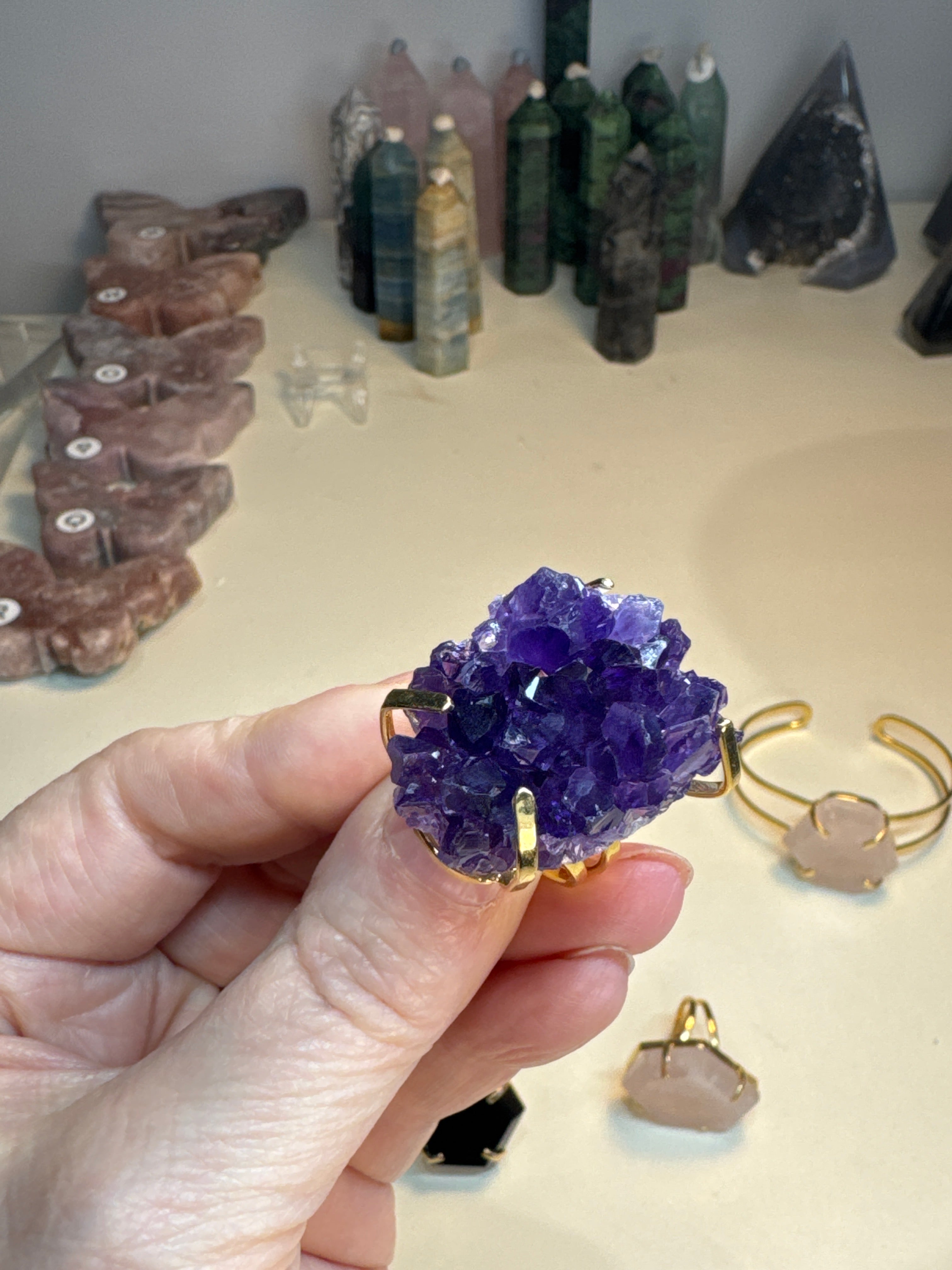 Raw Amethyst Ring | Natural Purple Crystal on Gold Adjustable Band | Radiant Crystals UK