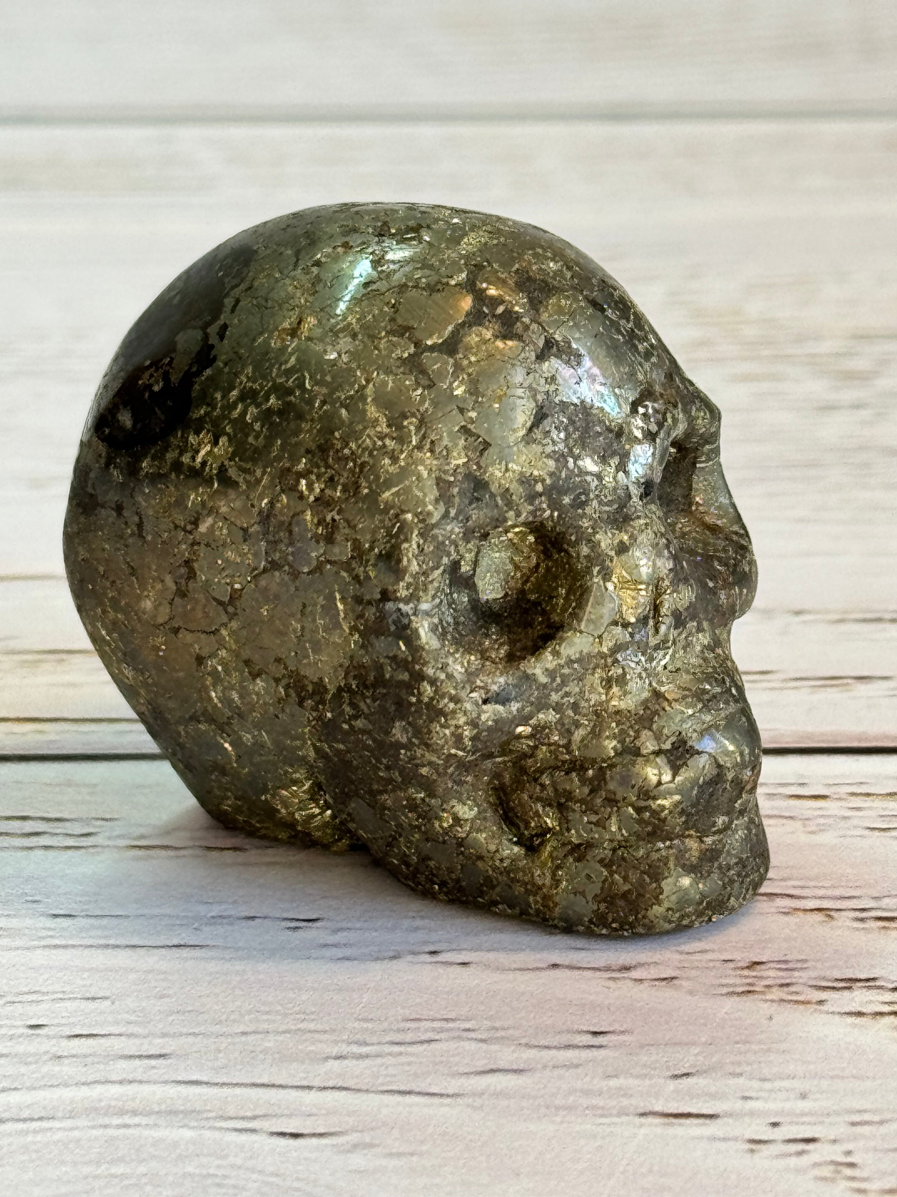 Pyrite crystal hand carved skull