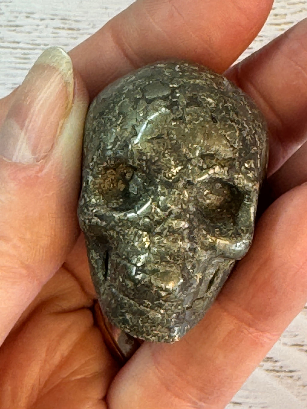 Pyrite crystal hand carved skull