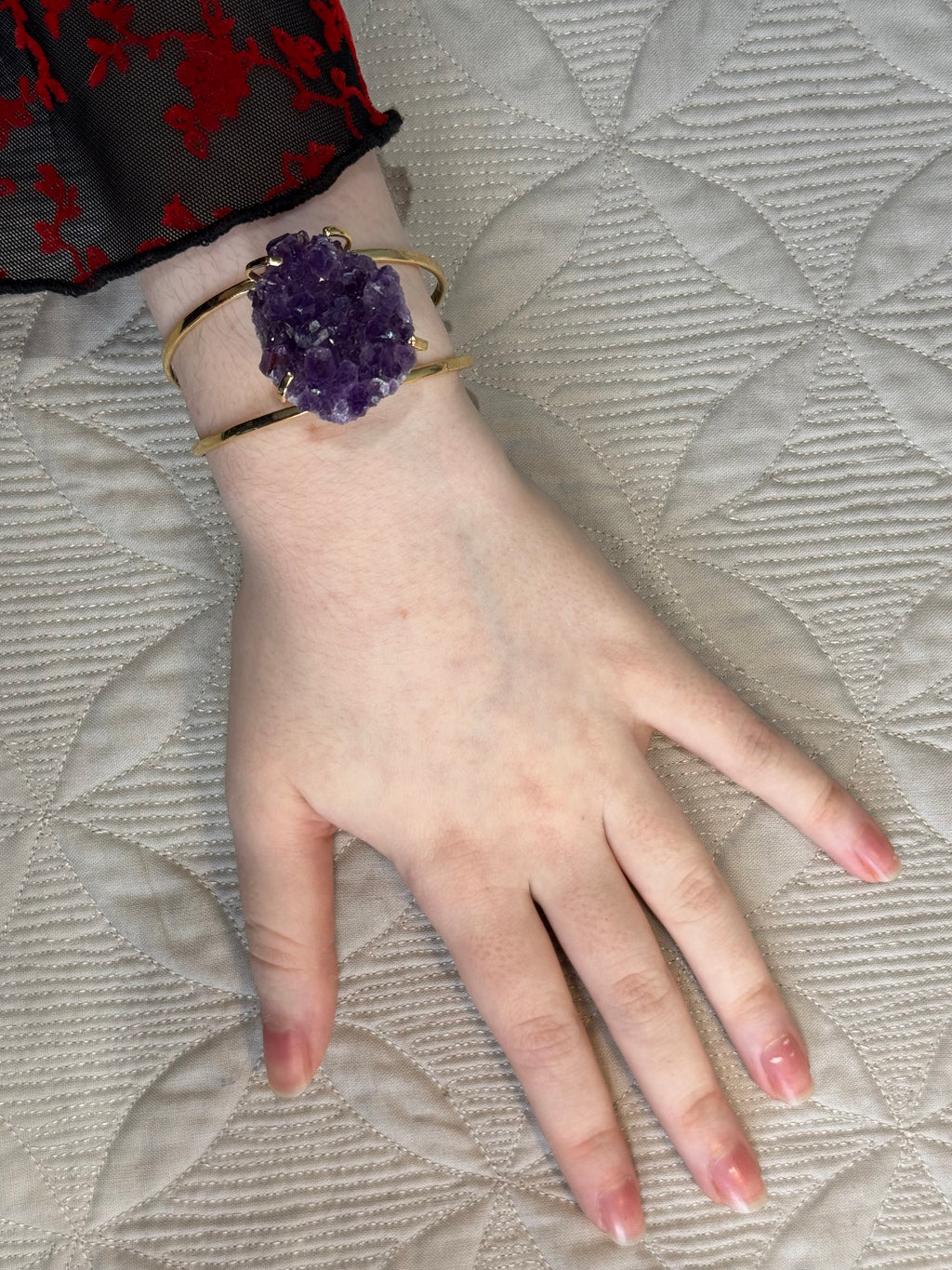 Raw Amethyst Cuff Bracelet | Oval Natural Purple Crystal on Gold Band | Radiant Crystals UK