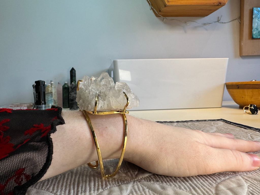 Clear Quartz Cuff Bracelet Large | Statement Crystal on Gold Bangle | Radiant Crystals UK
