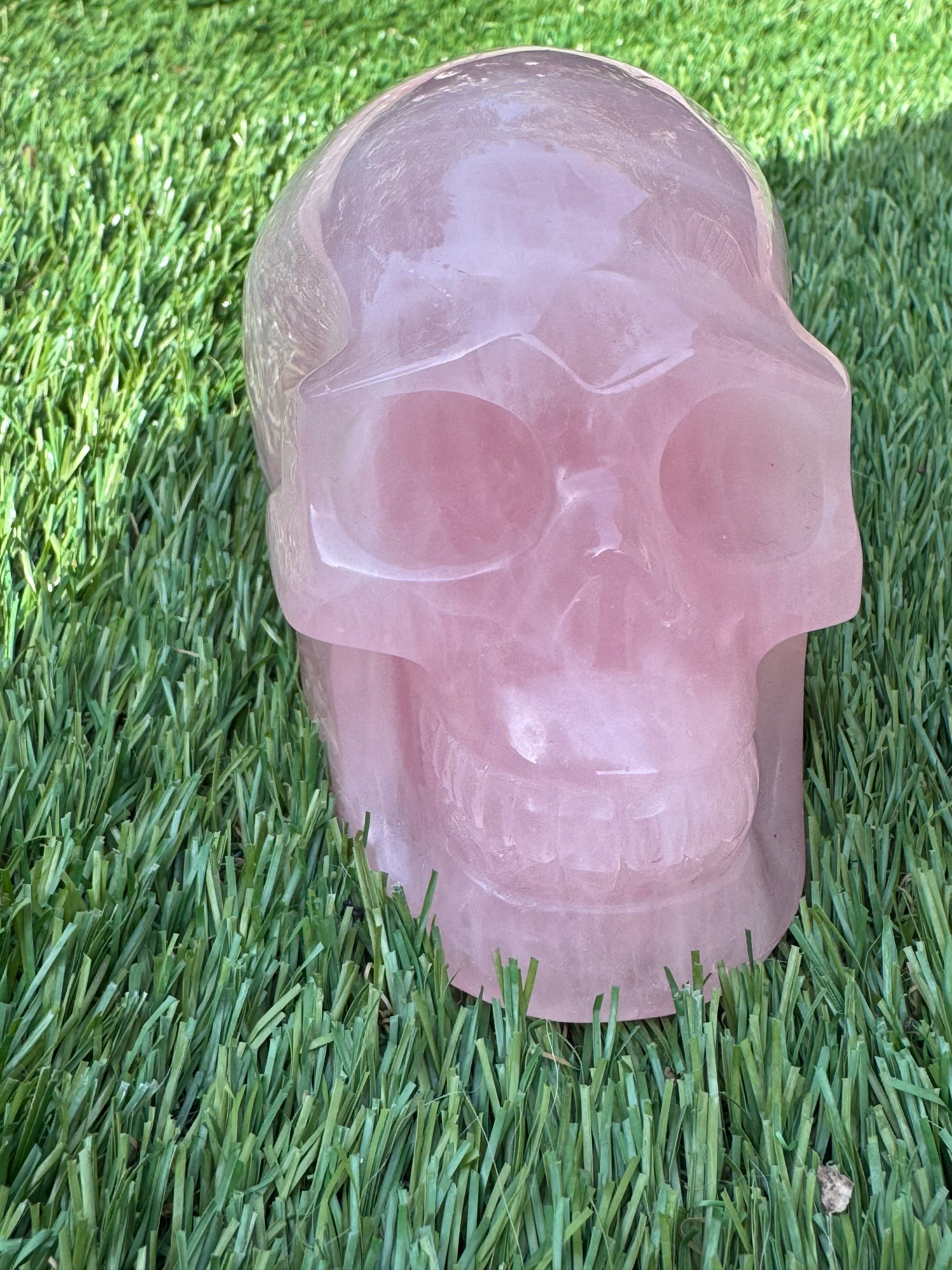 Large Rose Quartz crystal, hand carved skull 993gms.