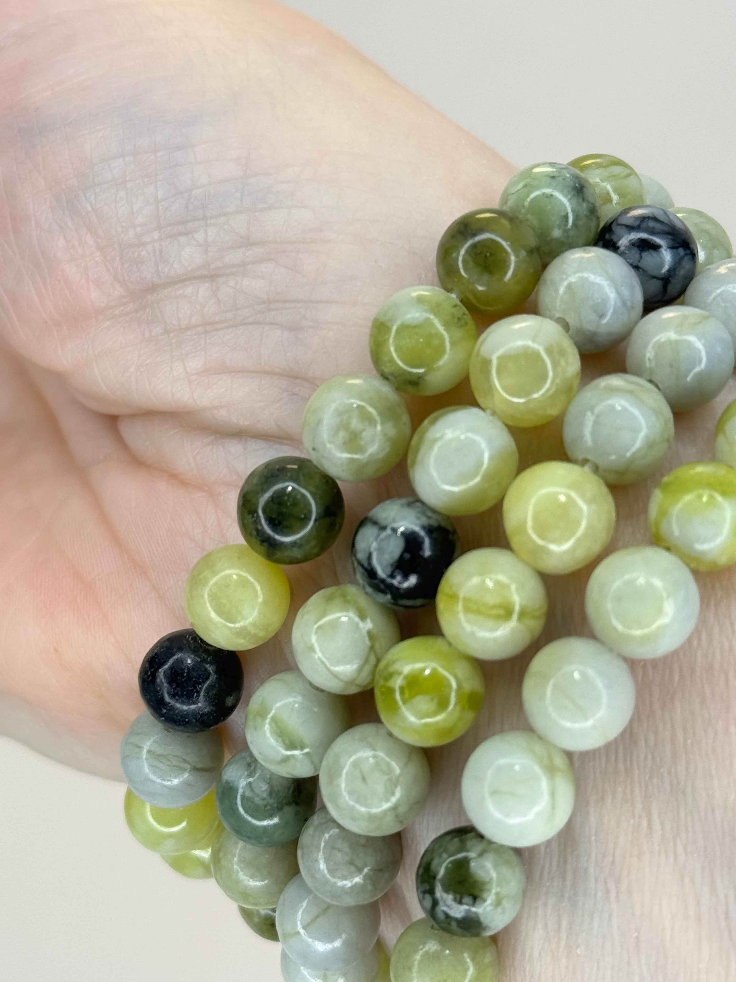 Serpentine Bracelet 8mm | Natural Green Crystal Bead Bracelet | Radiant Crystals UK