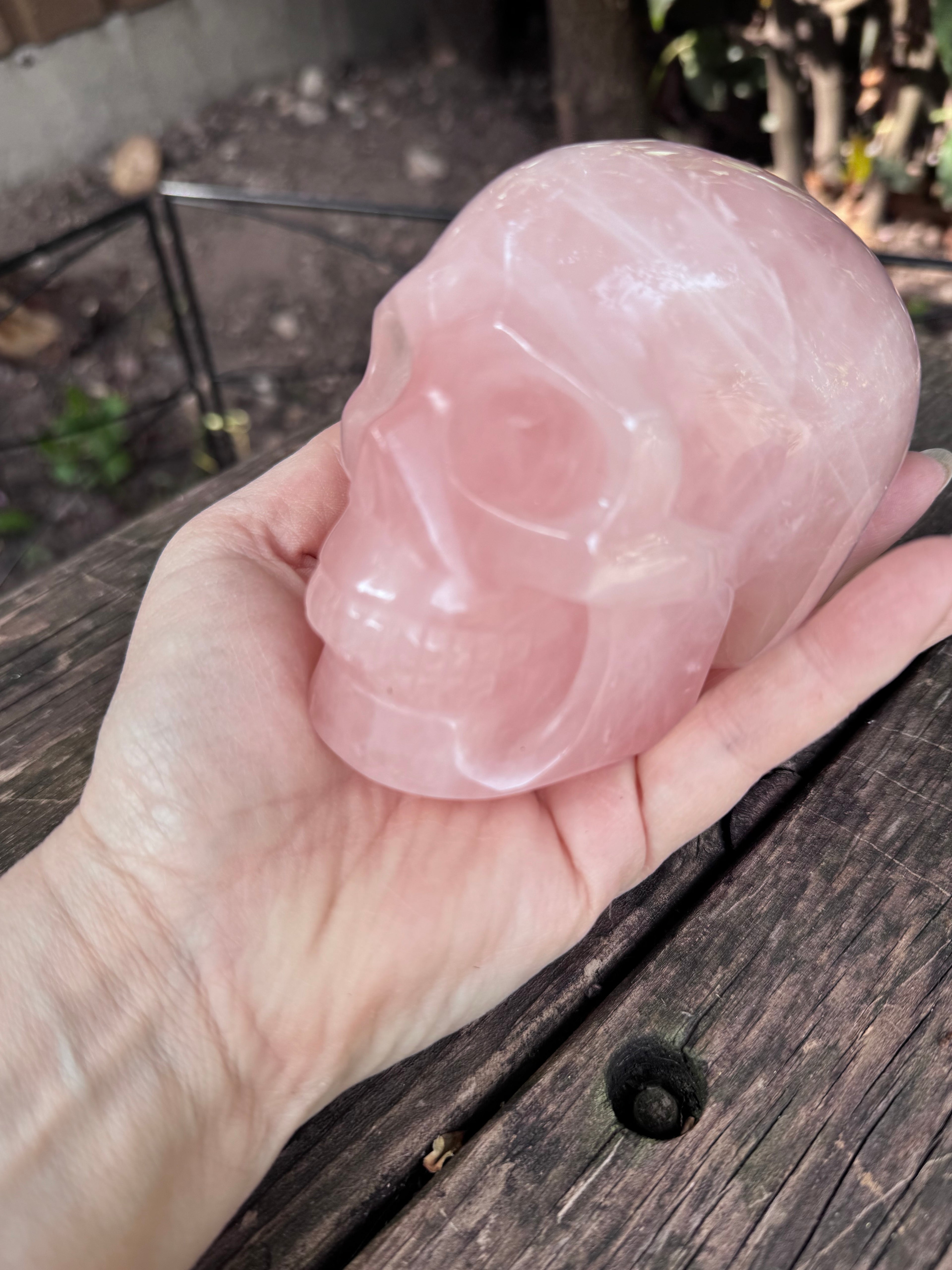 Large Rose Quartz crystal, hand carved skull 993gms.