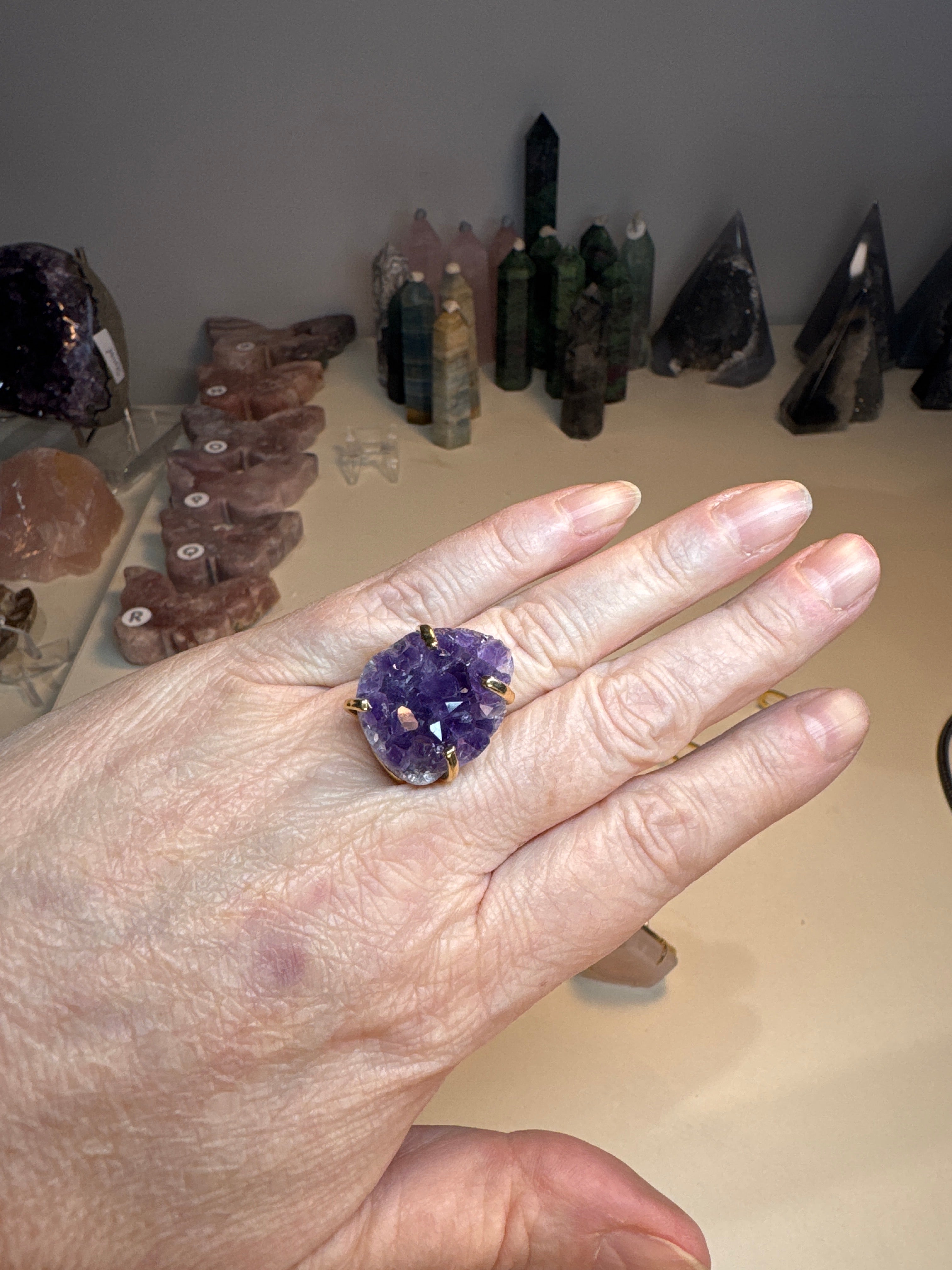 Raw Amethyst Ring | Natural Purple Crystal on Gold Adjustable Band | Radiant Crystals UK