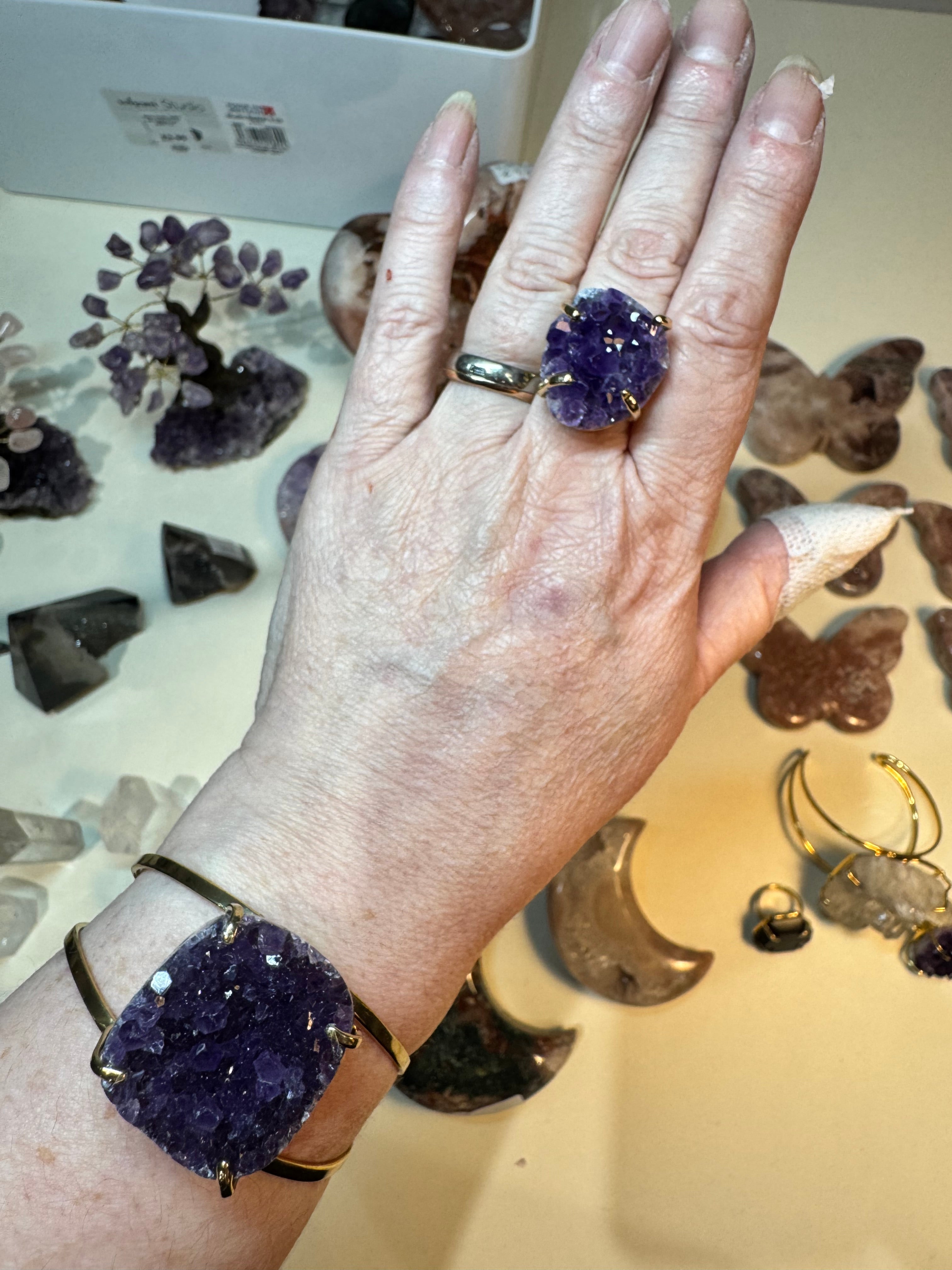 Raw Amethyst Ring | Natural Purple Crystal on Gold Adjustable Band | Radiant Crystals UK