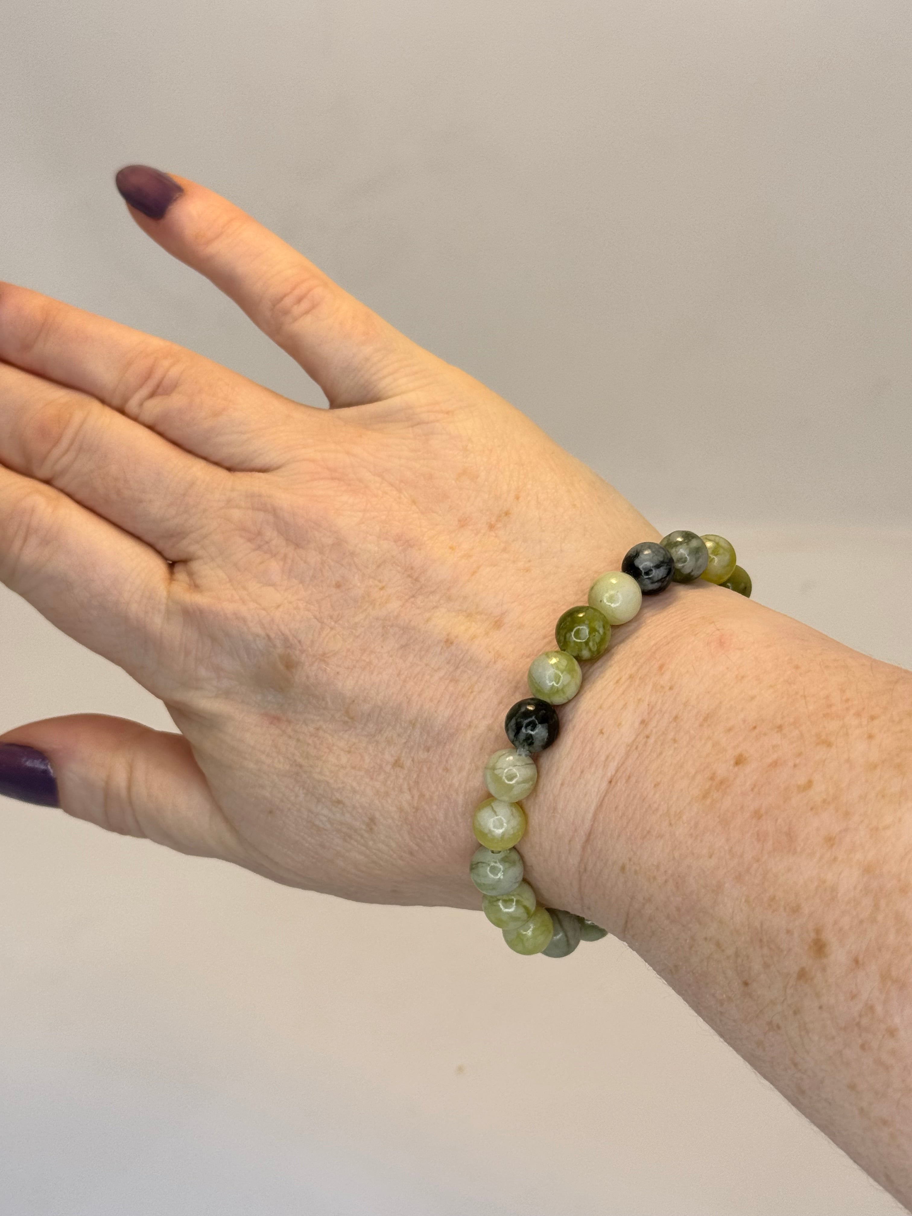Serpentine Bracelet 8mm | Natural Green Crystal Bead Bracelet | Radiant Crystals UK