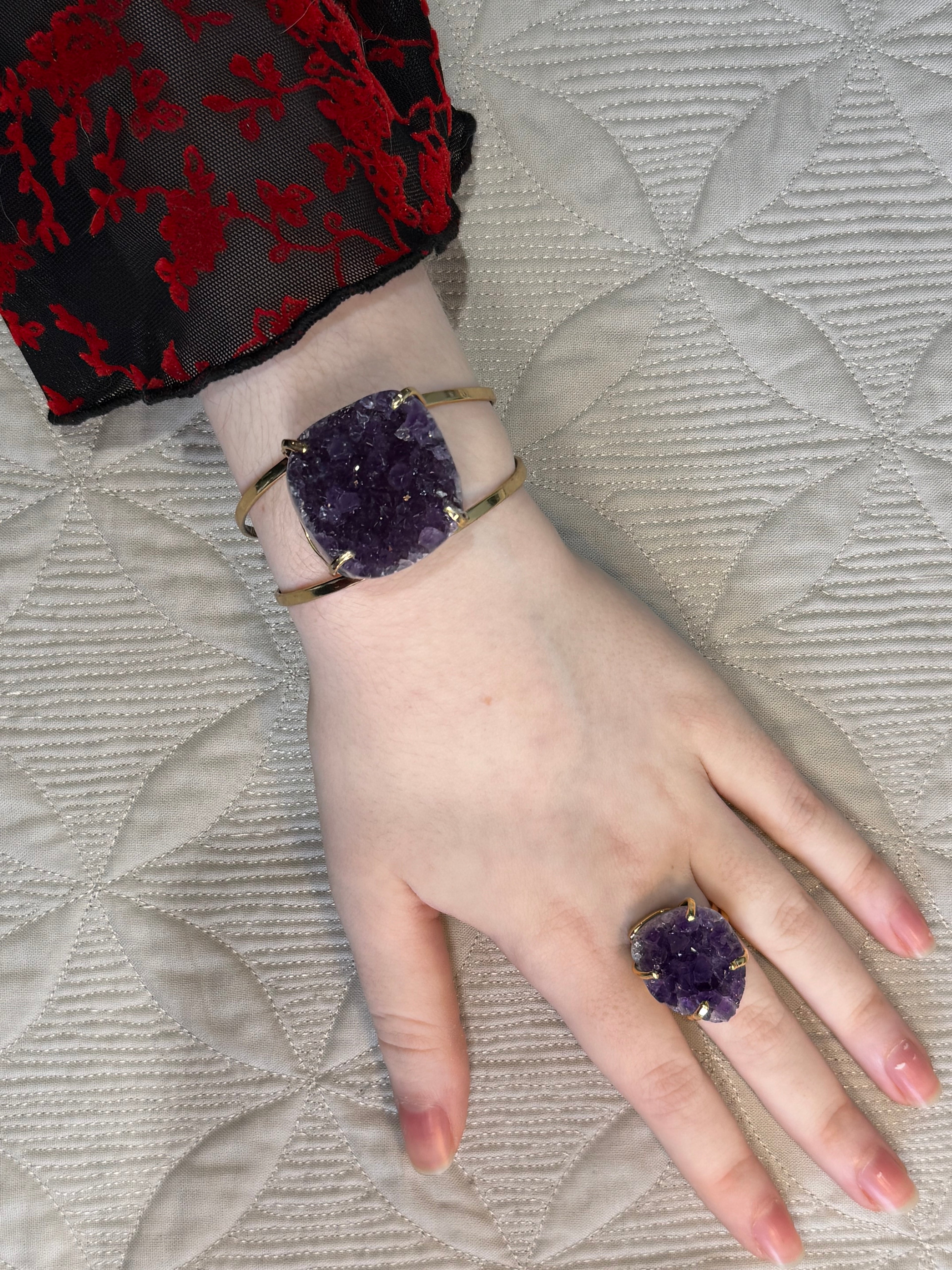 Raw Amethyst Cuff Bracelet | Oval Natural Purple Crystal on Gold Band | Radiant Crystals UK