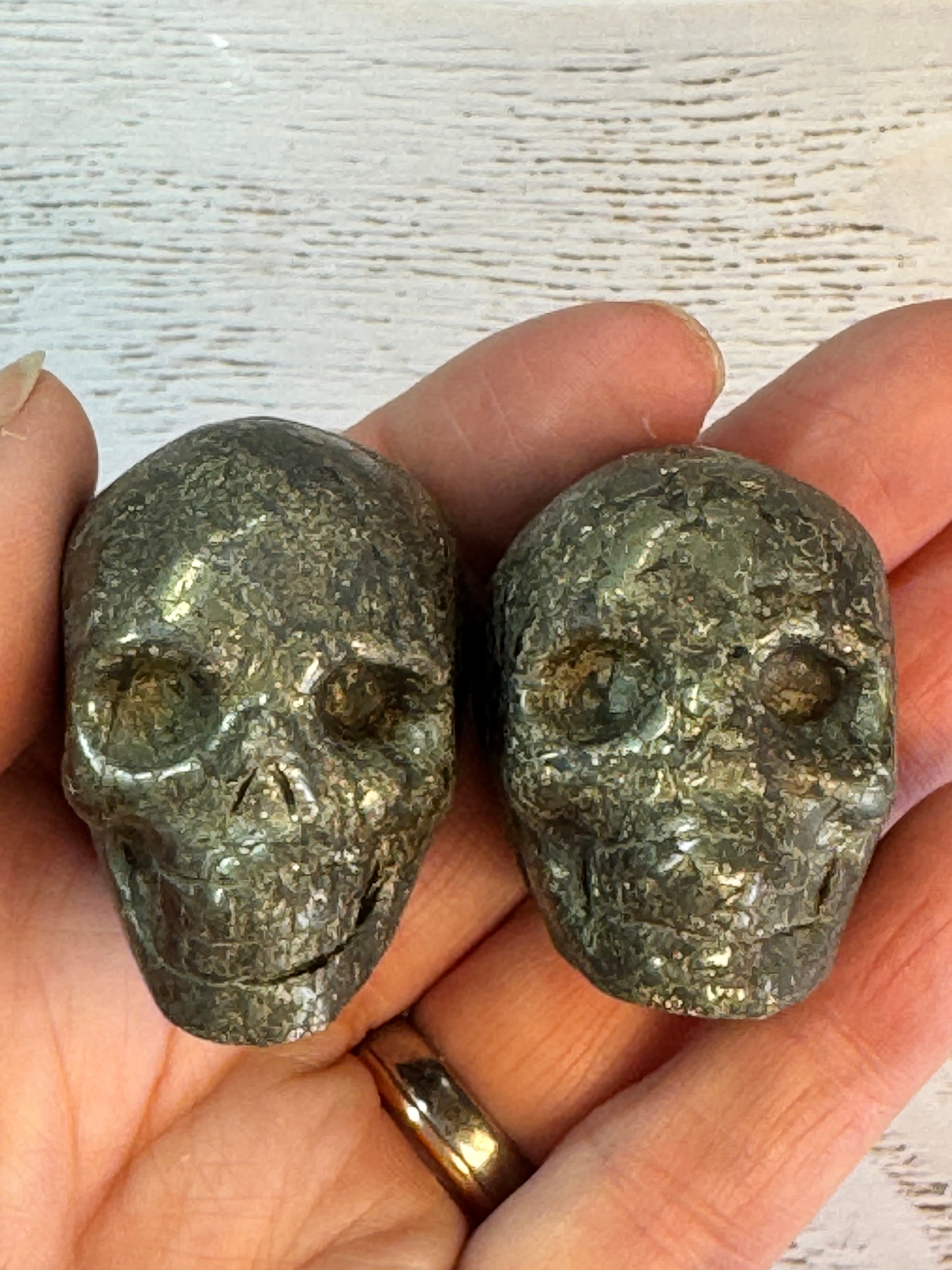 Pyrite crystal hand carved skull