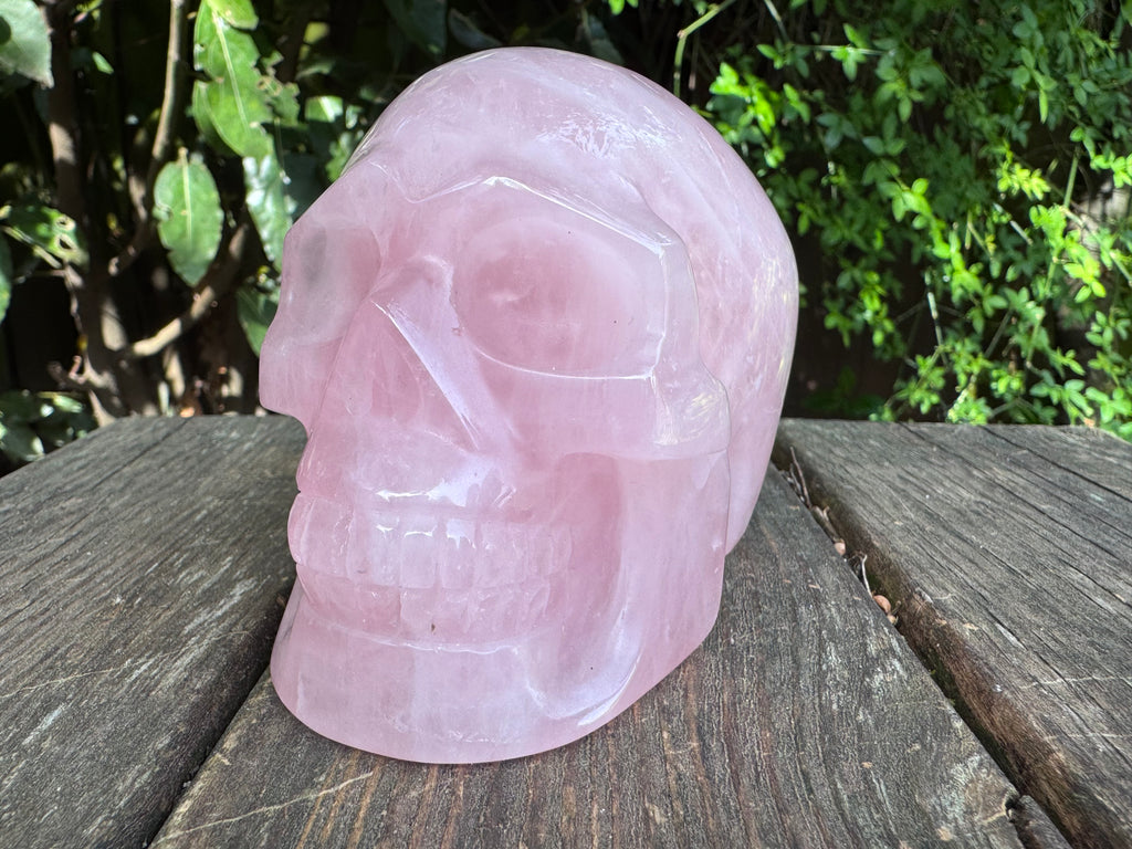 Large Rose Quartz crystal, hand carved skull 993gms.