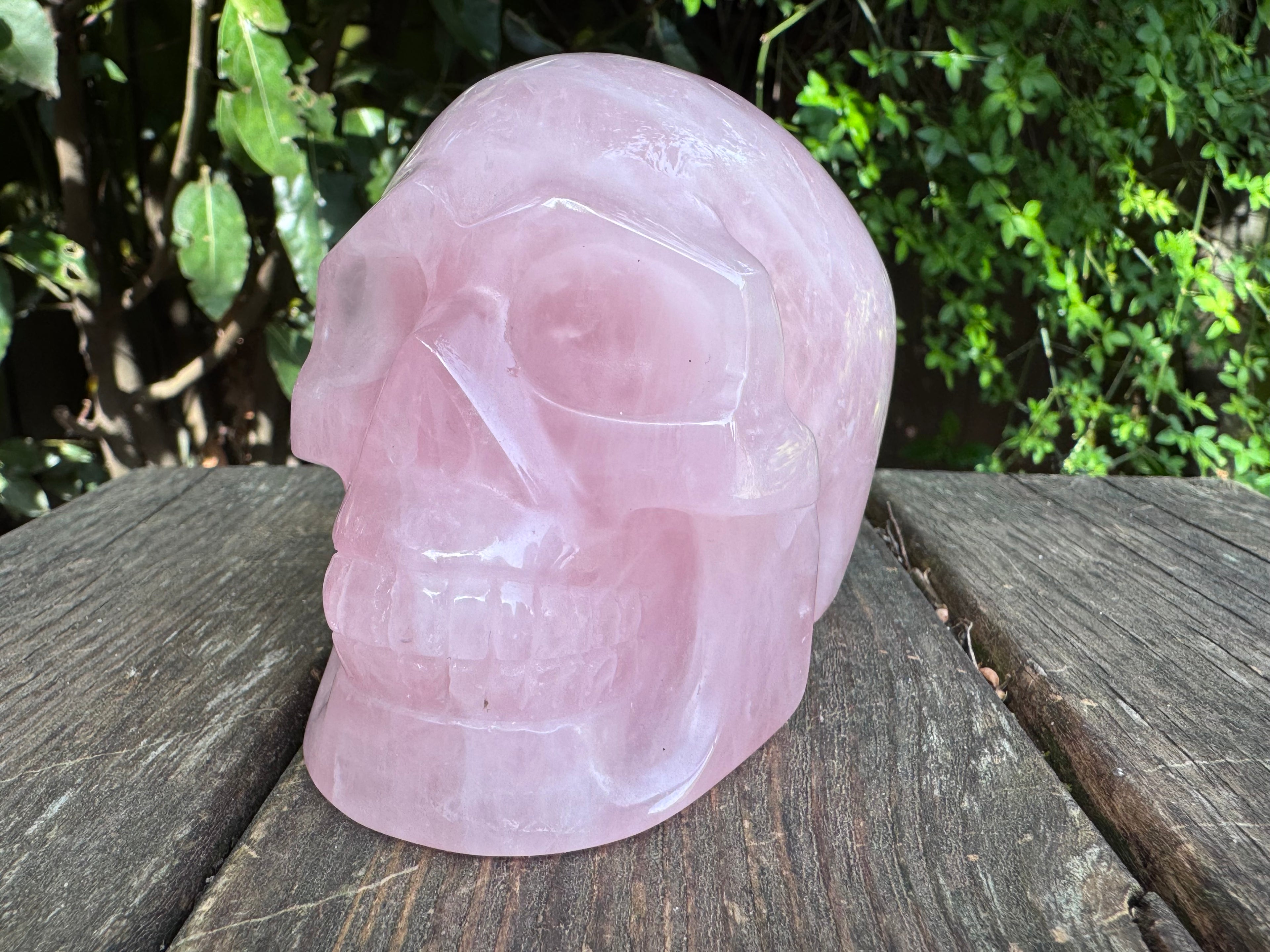 Large Rose Quartz crystal, hand carved skull 993gms.