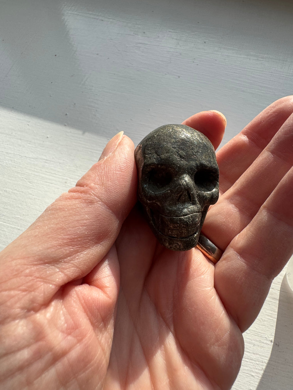 Pyrite crystal hand carved skull