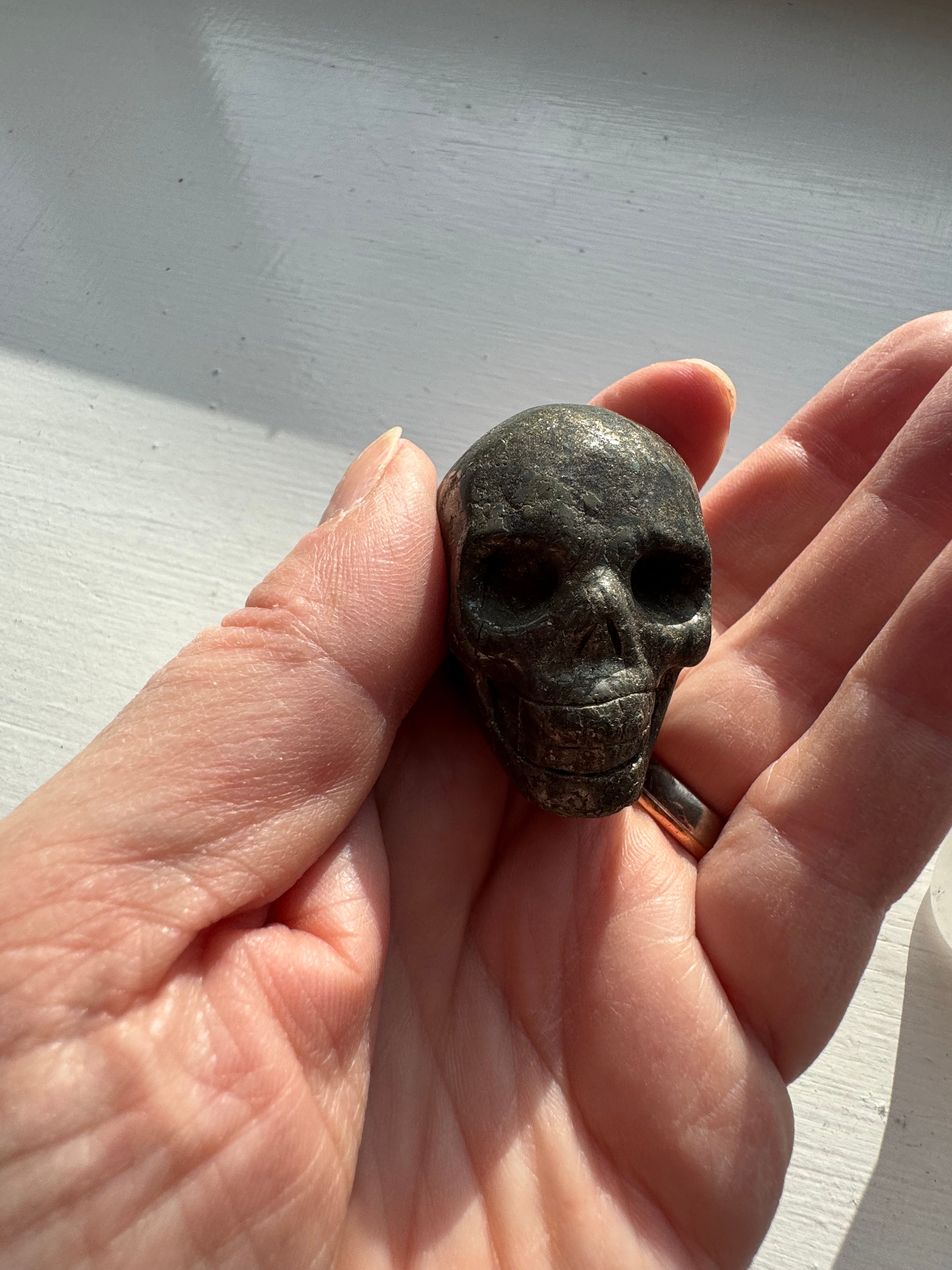 Pyrite crystal hand carved skull