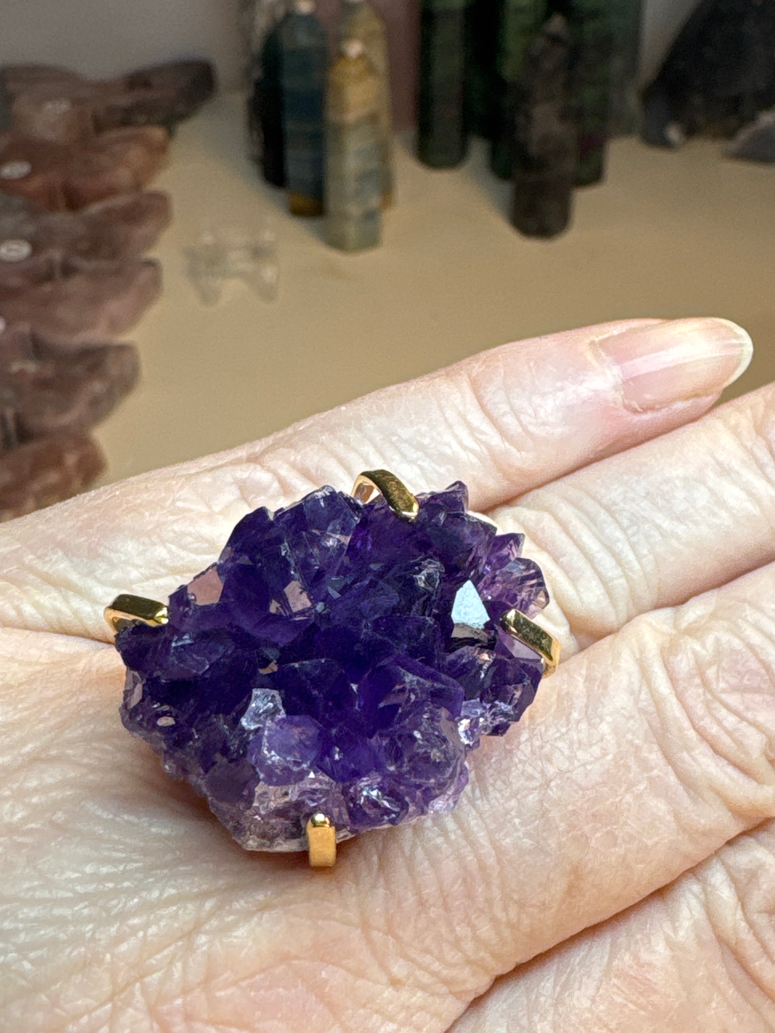 Raw Amethyst Ring | Natural Purple Crystal on Gold Adjustable Band | Radiant Crystals UK