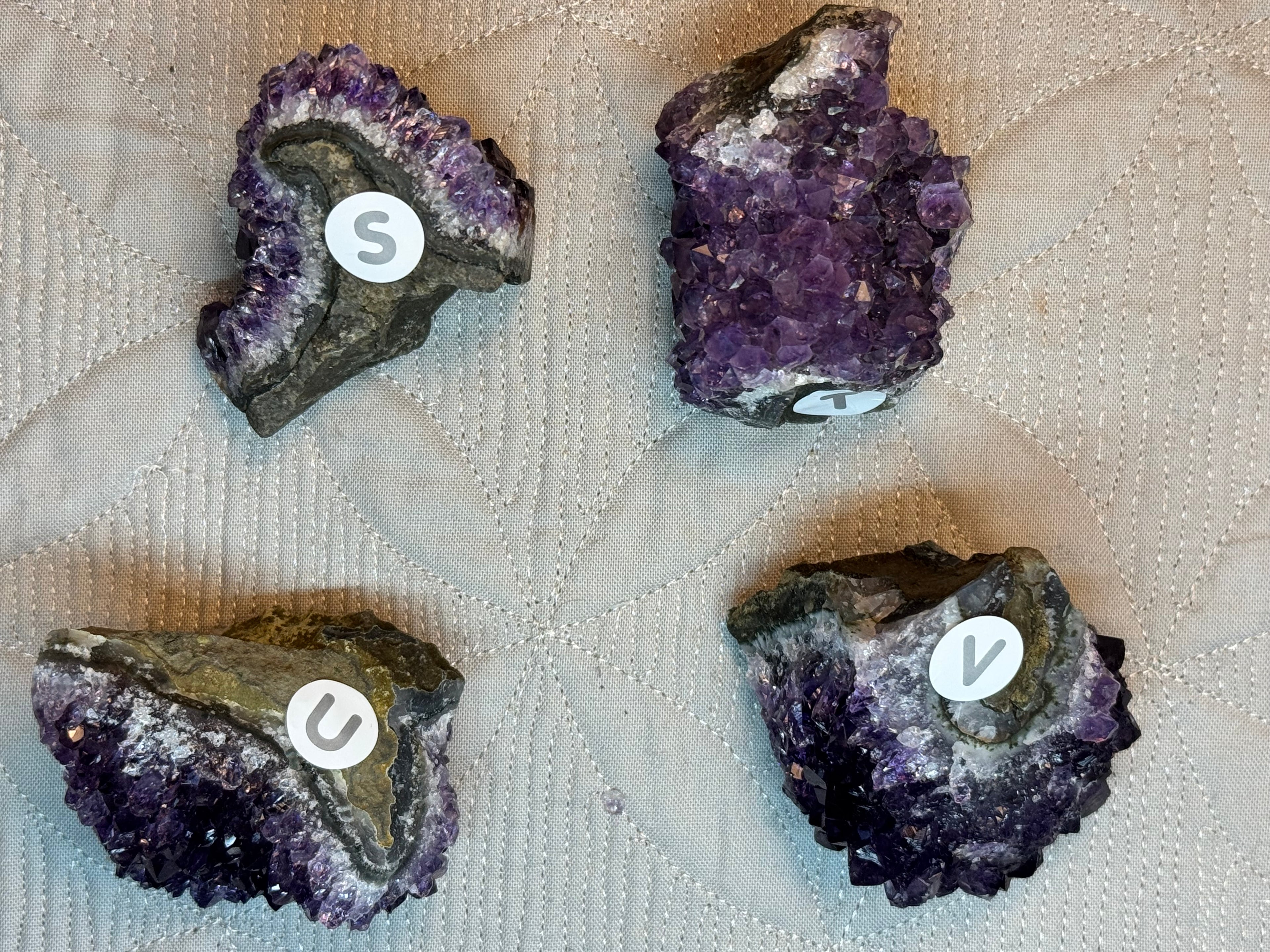 Four amethyst crystals labeled S, U, V on a textured beige surface