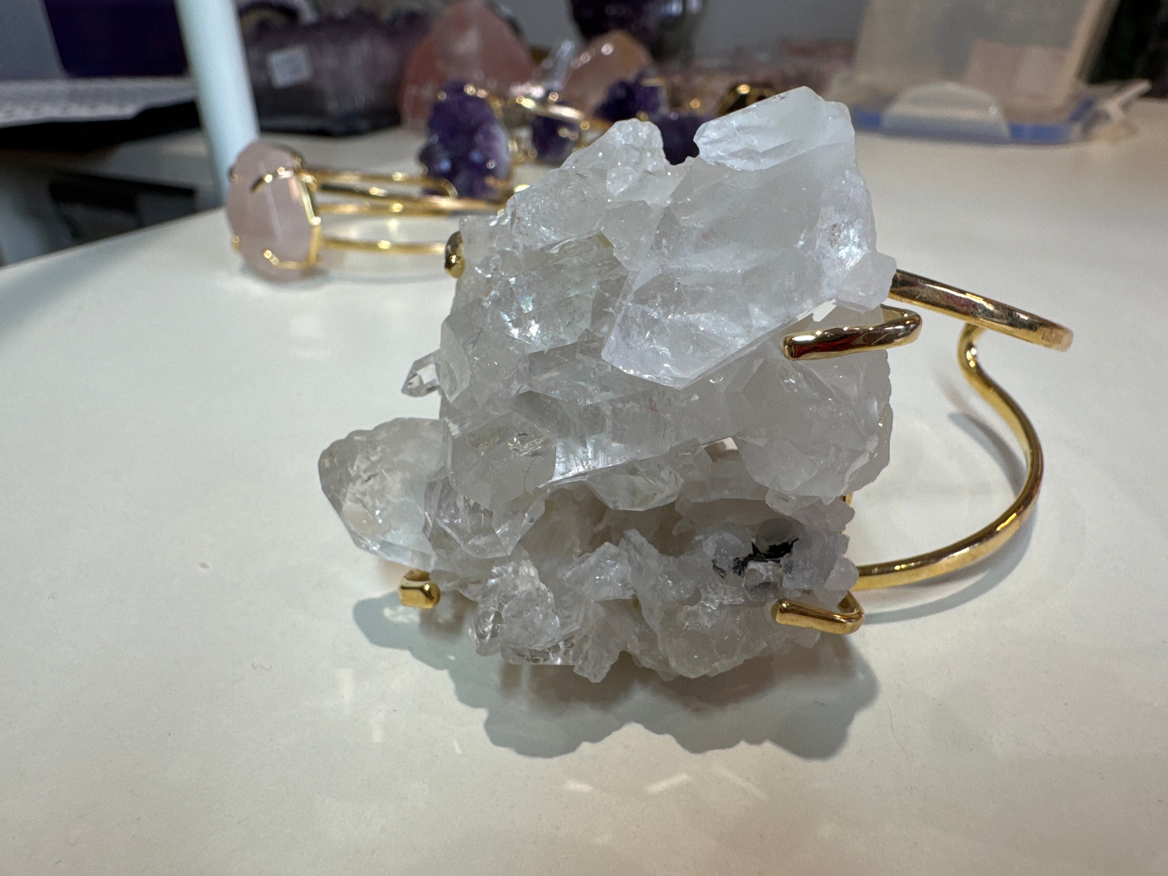 Clear Quartz Cuff Bracelet Large | Statement Crystal on Gold Bangle | Radiant Crystals UK