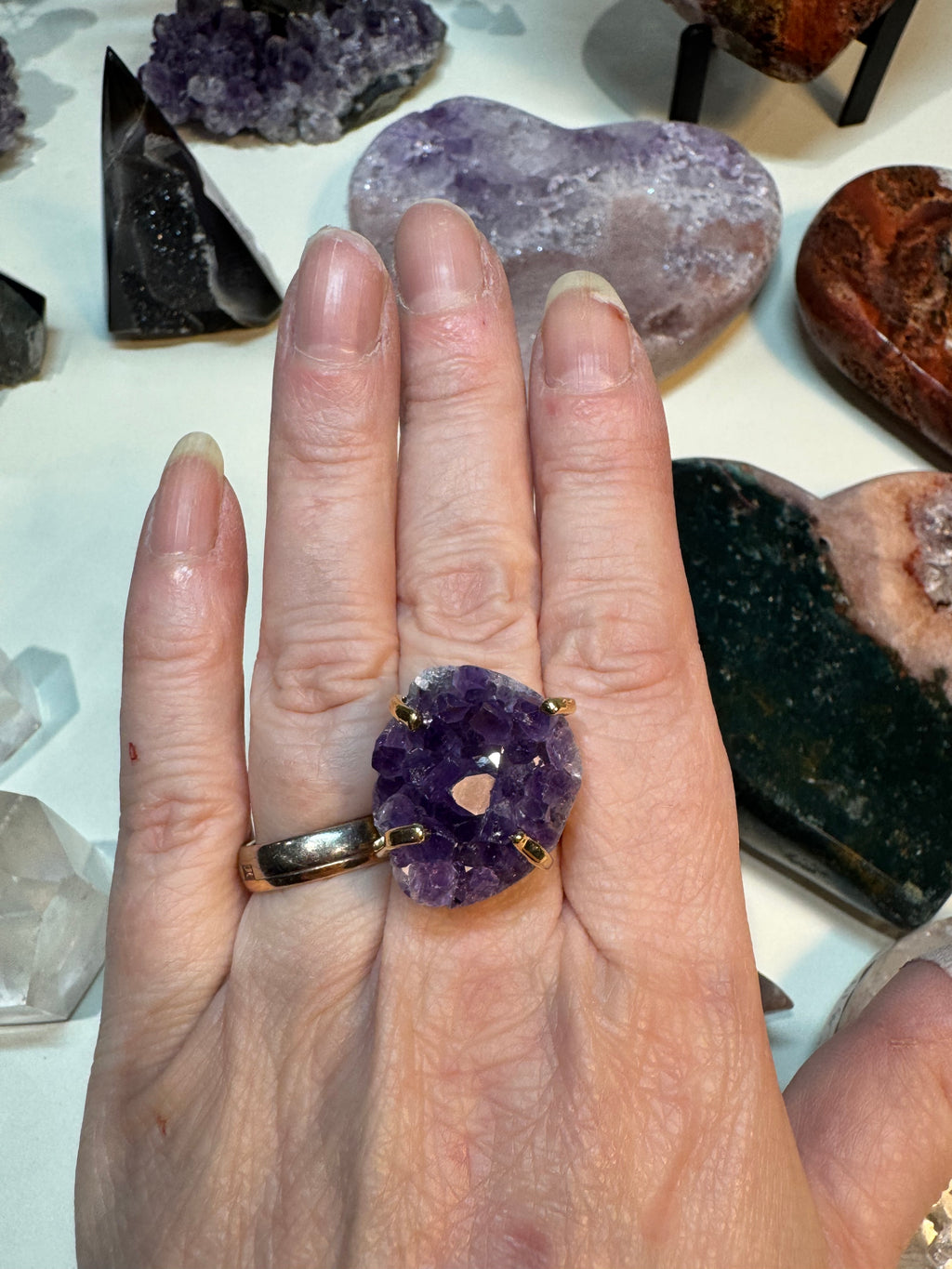 Raw Amethyst Cuff Bracelet | Oval Natural Purple Crystal on Gold Band | Radiant Crystals UK