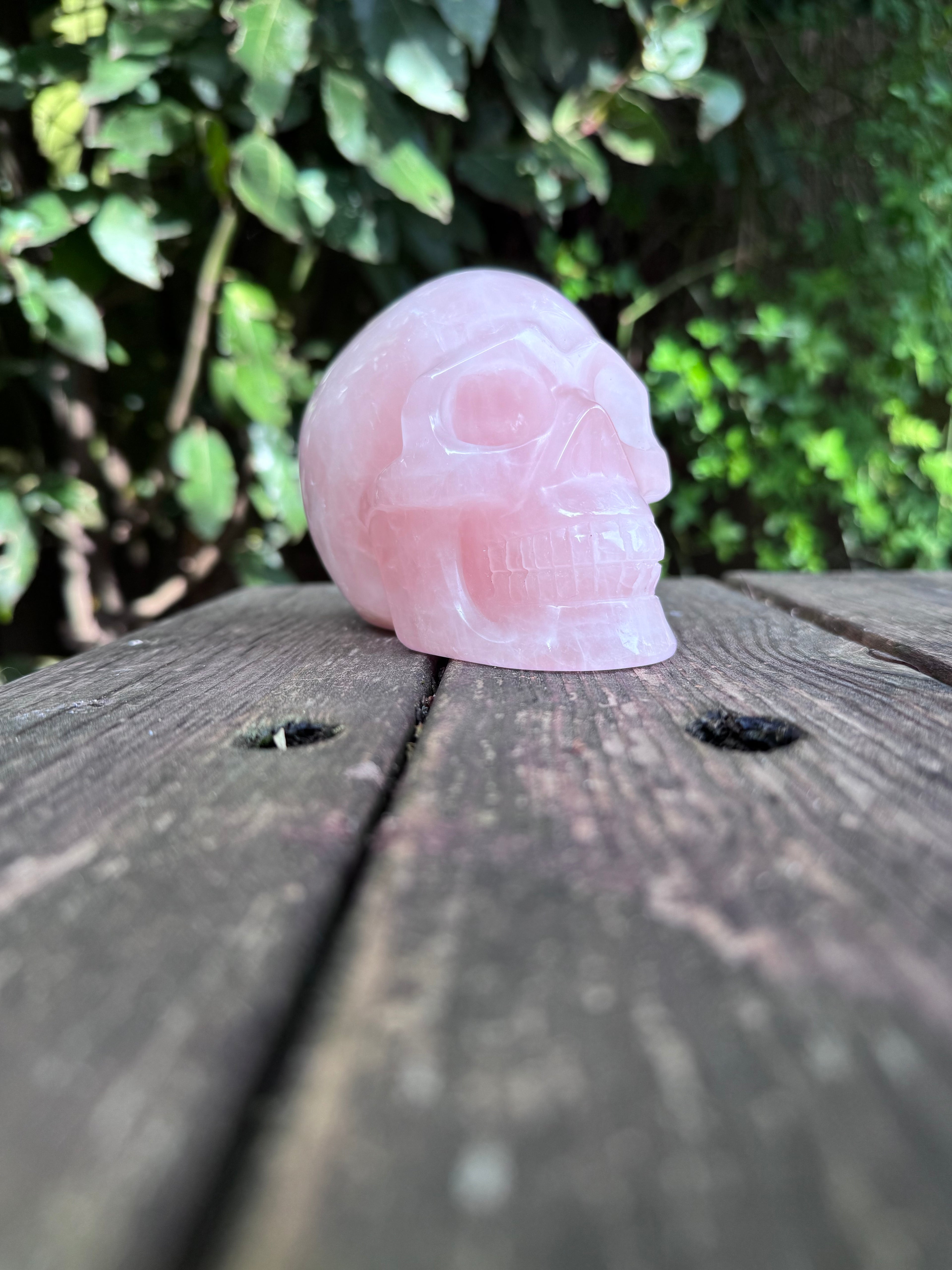 Large Rose Quartz crystal, hand carved skull 993gms.