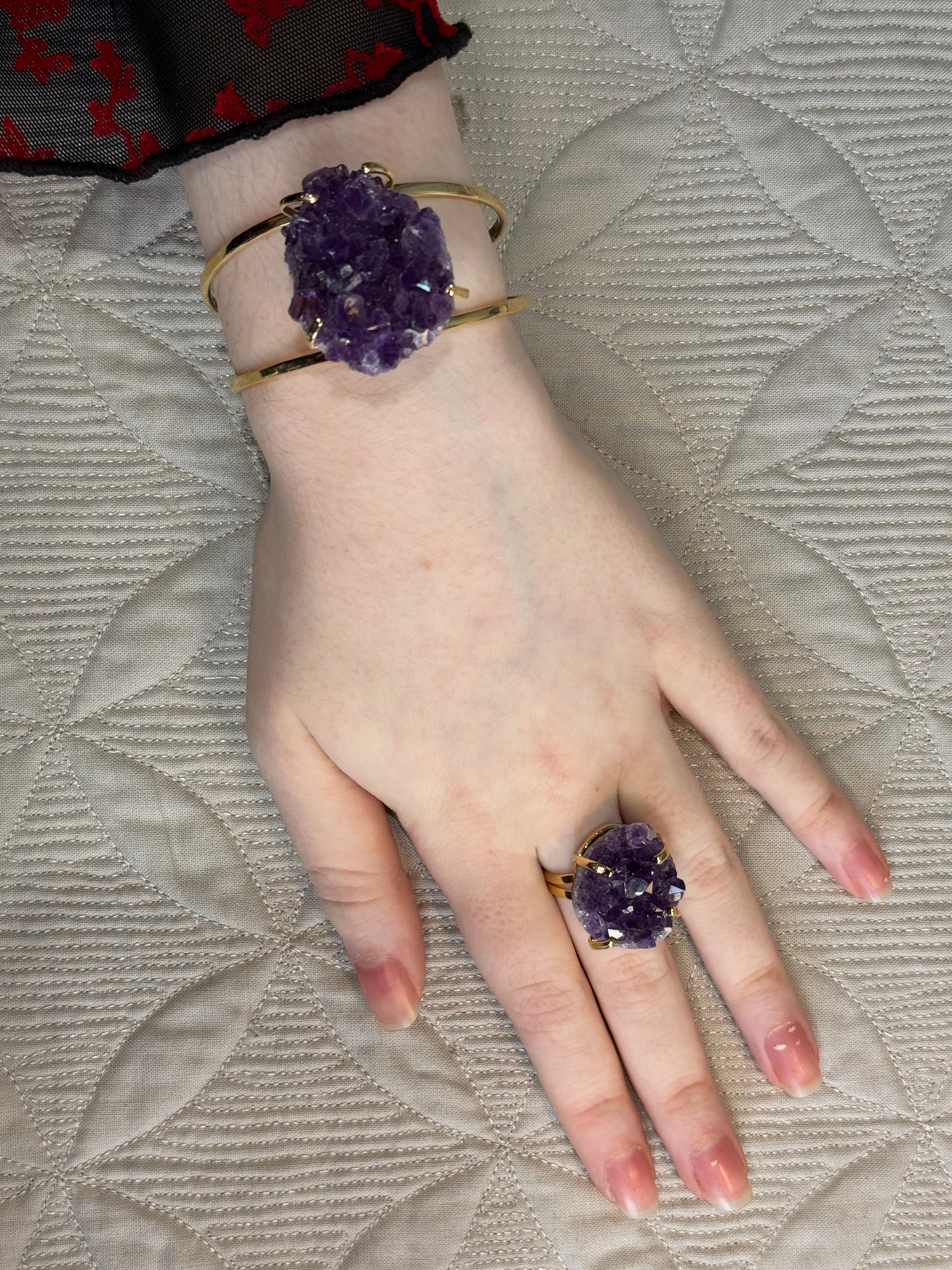 Raw Amethyst Cuff Bracelet | Oval Natural Purple Crystal on Gold Band | Radiant Crystals UK