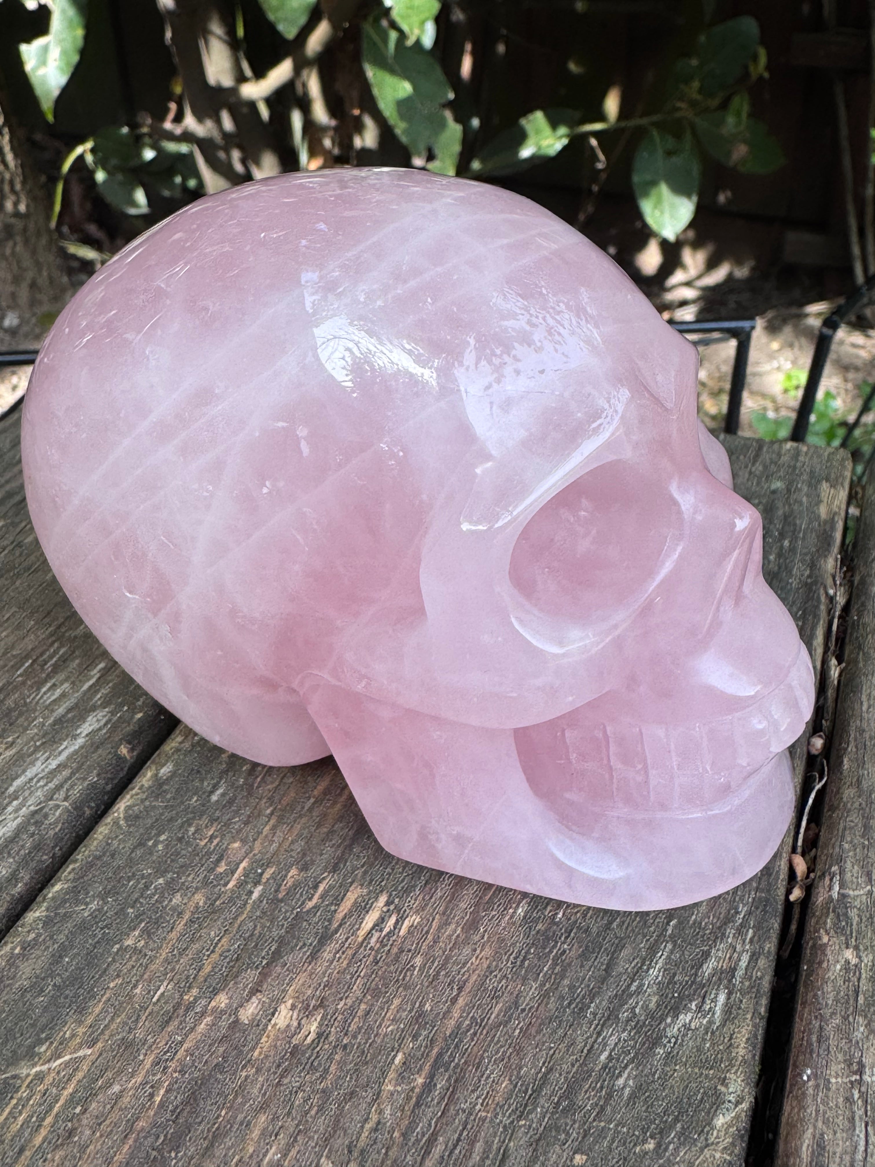 Large Rose Quartz crystal, hand carved skull 993gms.
