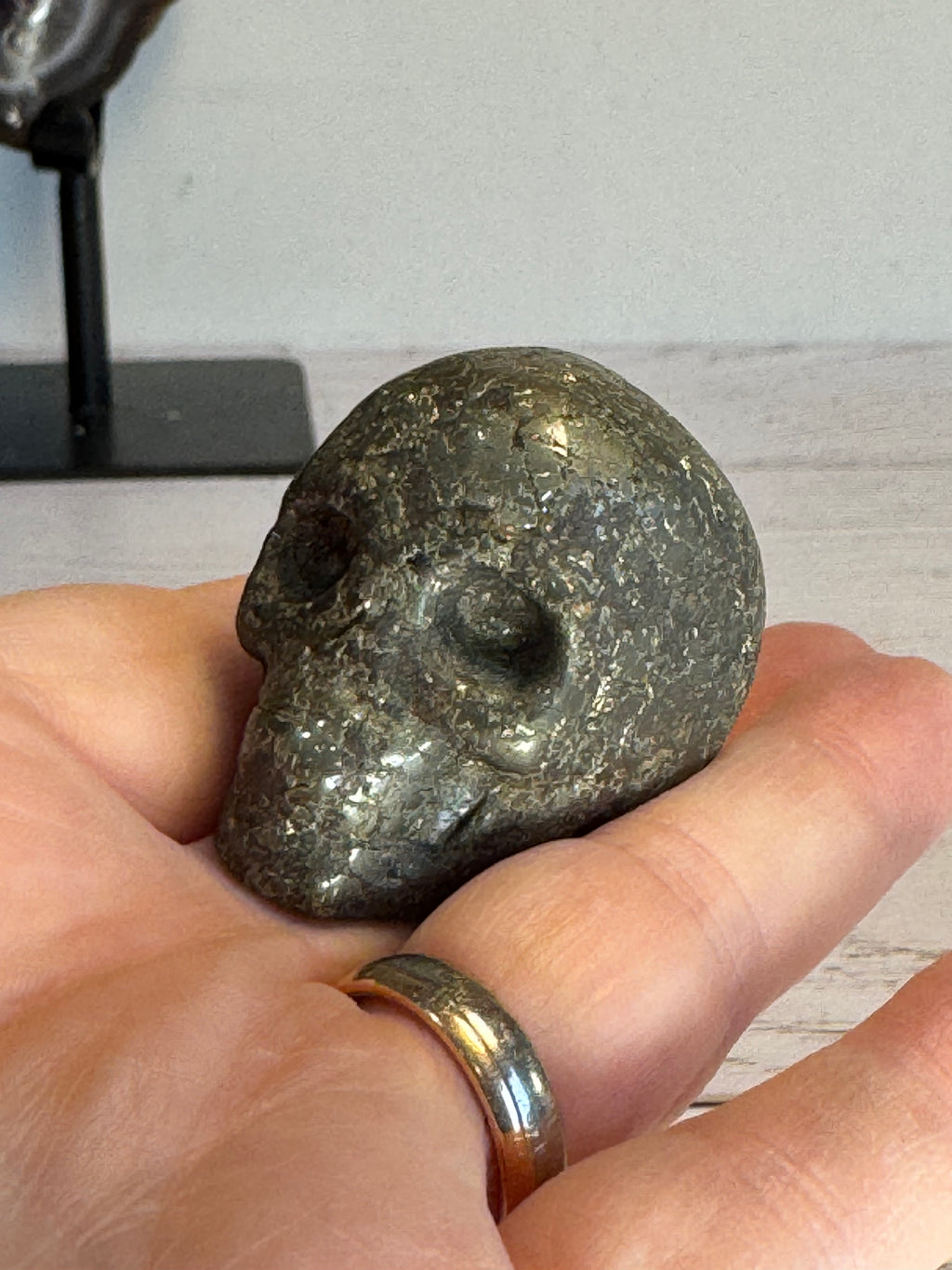 Pyrite crystal hand carved skull