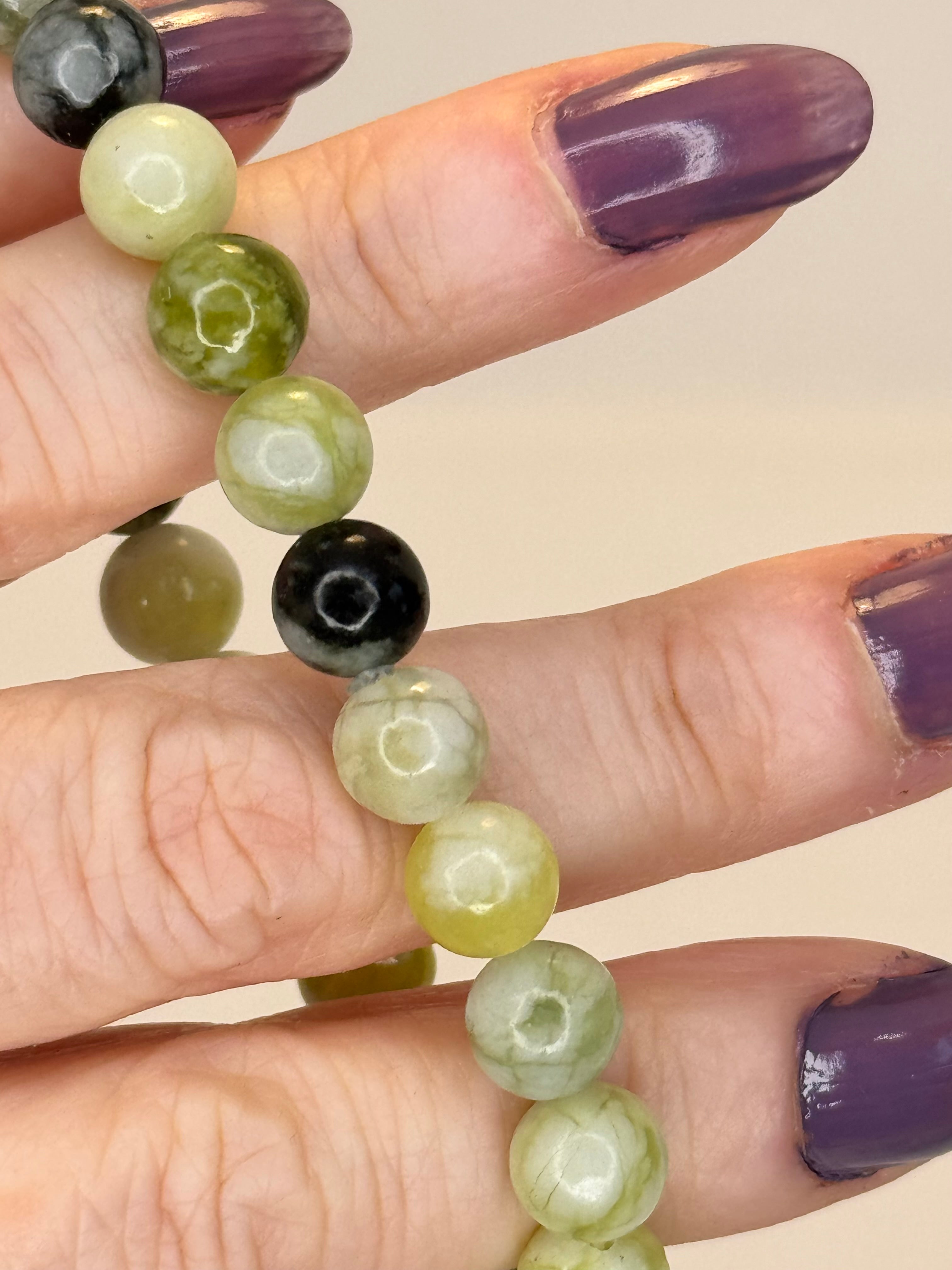 Serpentine Bracelet 8mm | Natural Green Crystal Bead Bracelet | Radiant Crystals UK