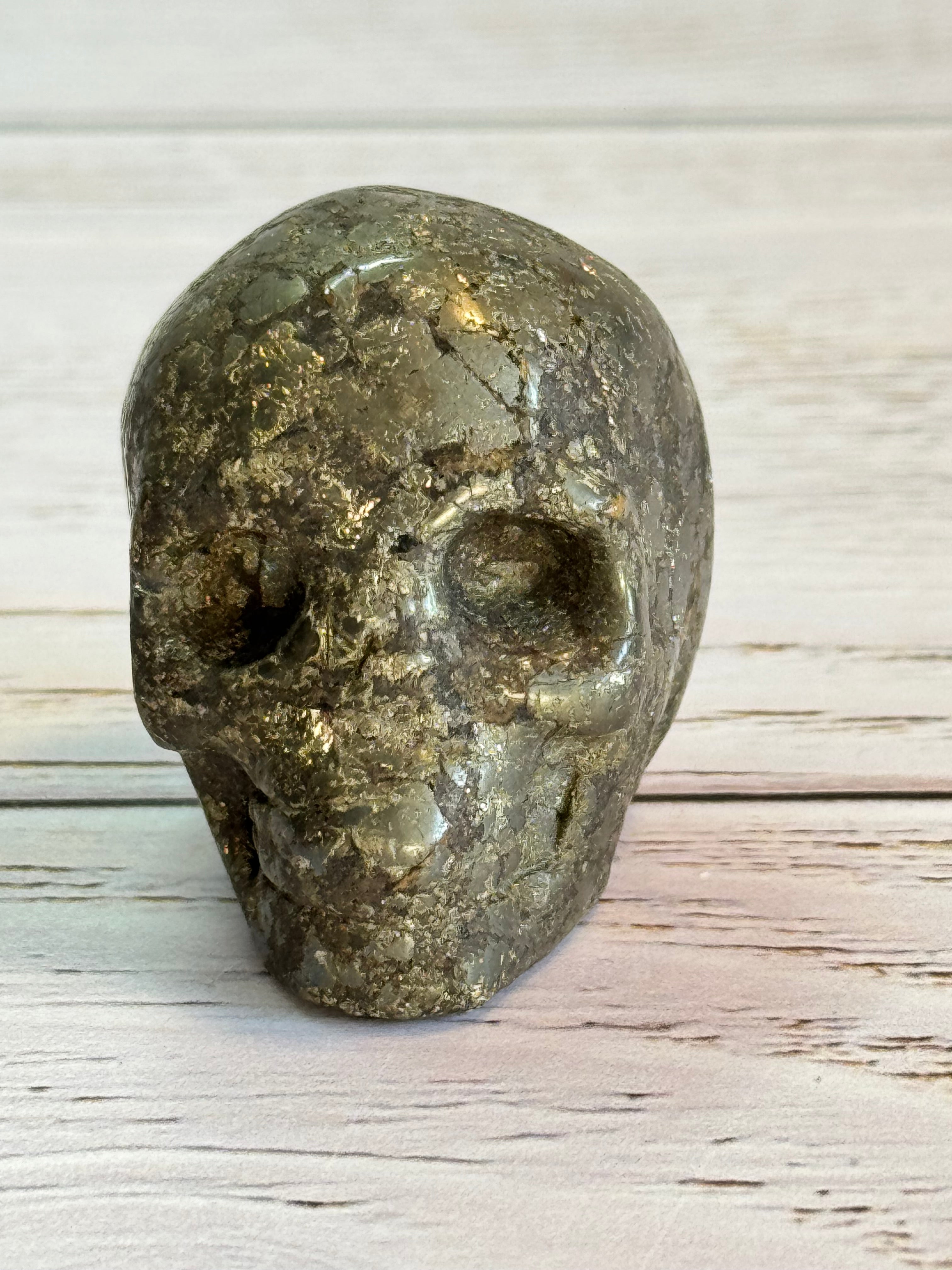 Pyrite crystal hand carved skull