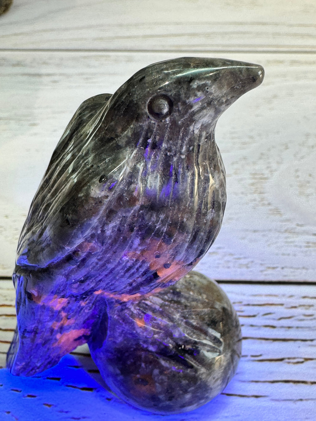 Yooperlite Raven Crystal Carving, UV reactive.