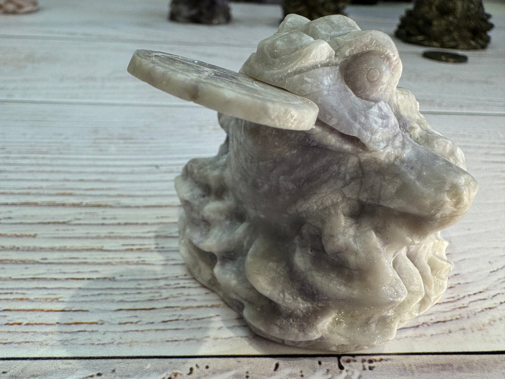 Crystal Money Toad Carving – Feng Shui Three Legged Toad – Purple Howlite – Wealth & Prosperity Crystal
