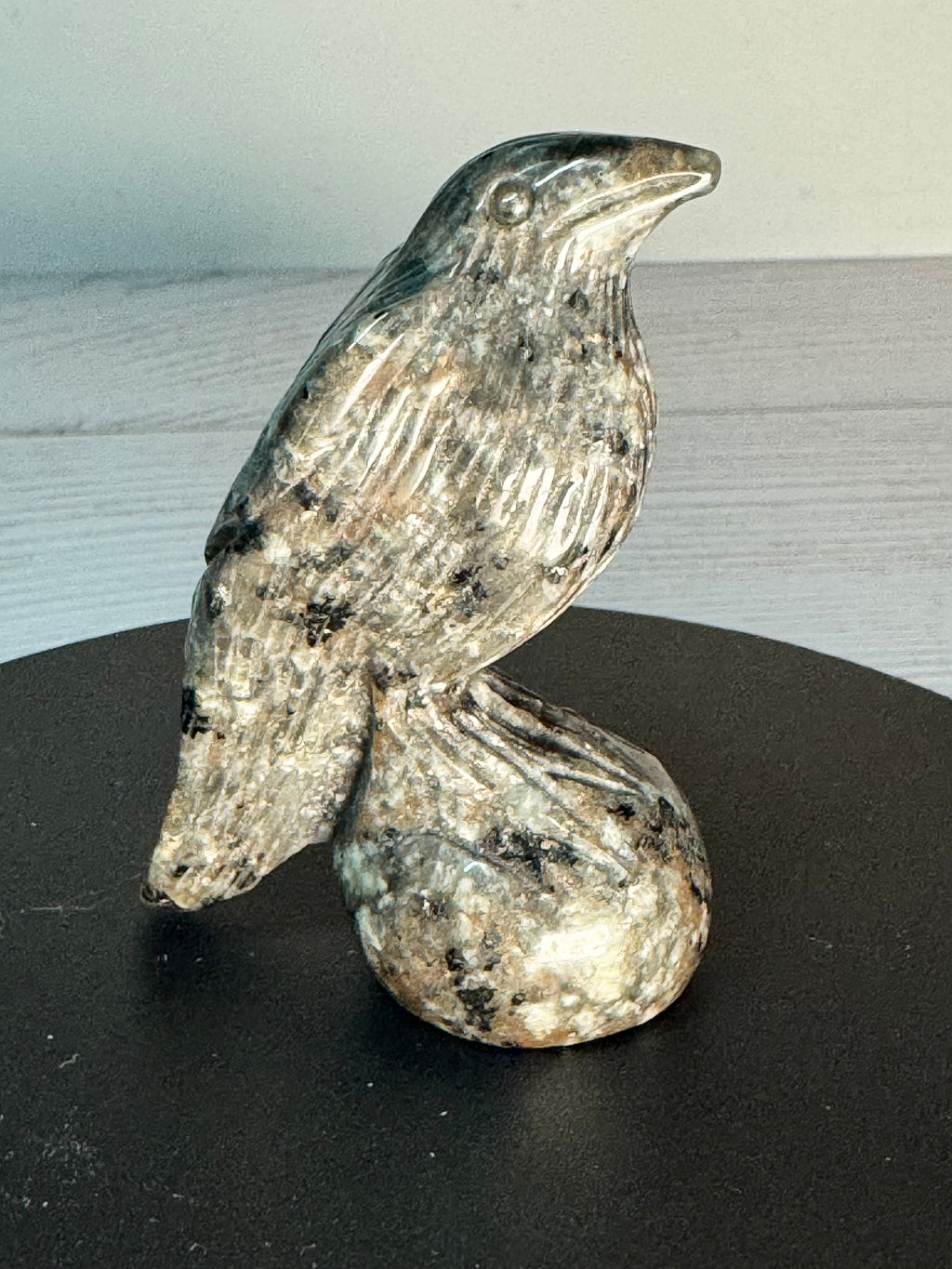 Yooperlite Raven Crystal Carving, UV reactive.