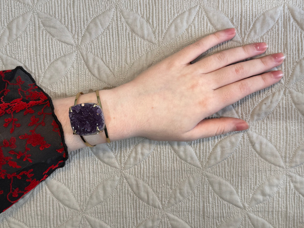 Raw Amethyst Cuff Bracelet | Oval Natural Purple Crystal on Gold Band | Radiant Crystals UK