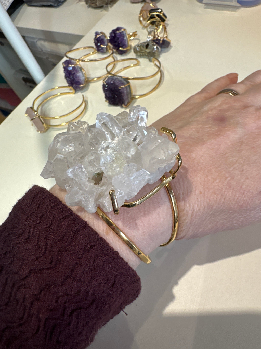 Clear Quartz Cuff Bracelet Large | Statement Crystal on Gold Bangle | Radiant Crystals UK