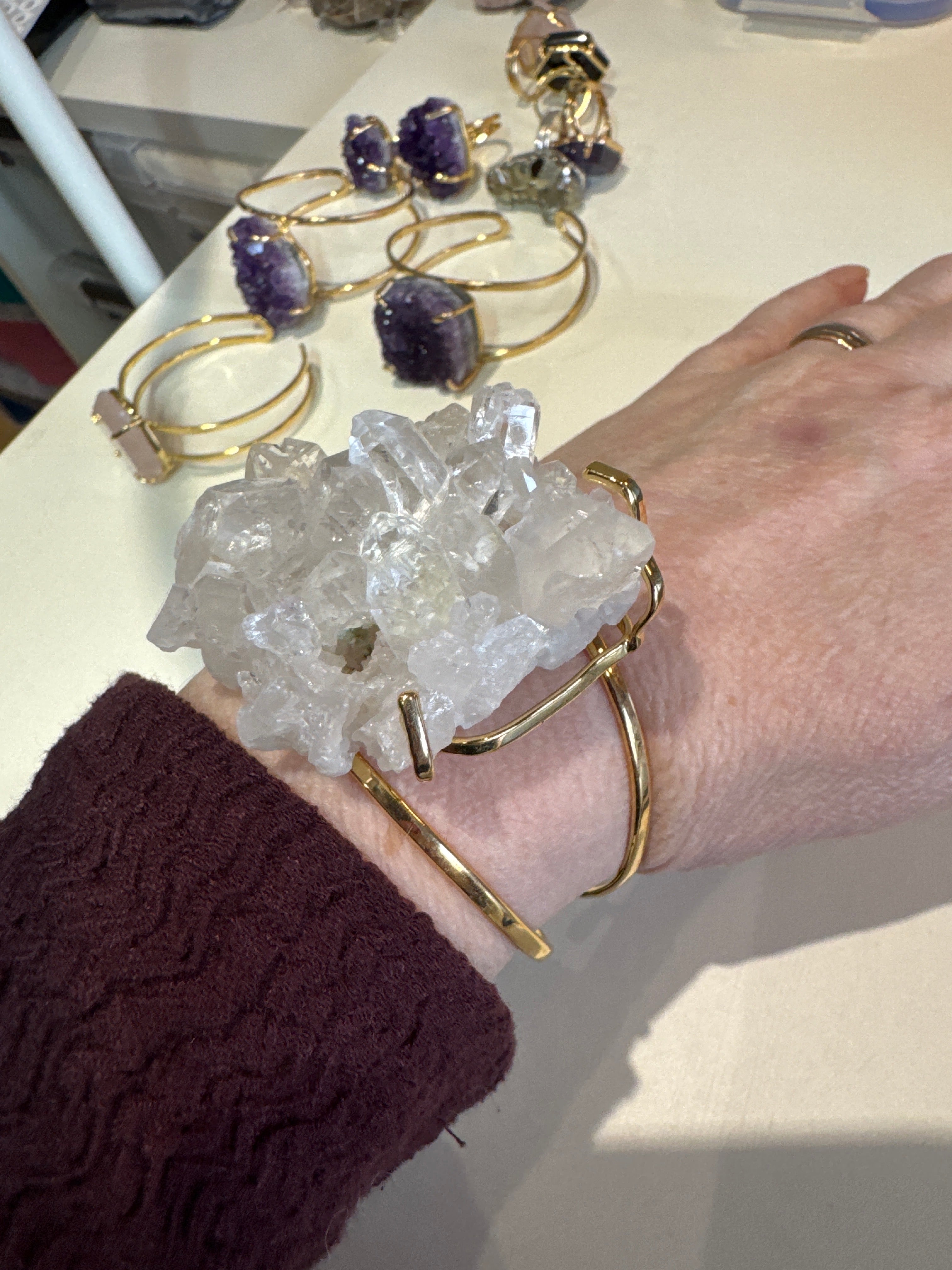 Clear Quartz Cuff Bracelet Large | Statement Crystal on Gold Bangle | Radiant Crystals UK